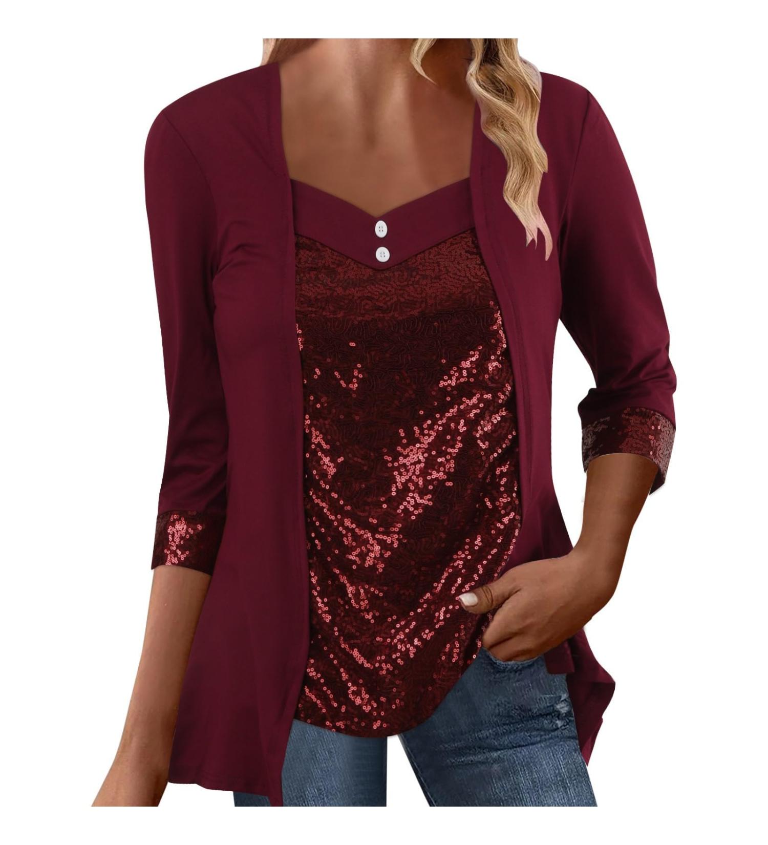 Pianshazi Women's Glitter Tops - Casual Long-Sleeved Sequin Blouses | Elegant V-Neck Oversized T-Shirts for Parties & Festive Occasions - Buy Online on GoSupps.com