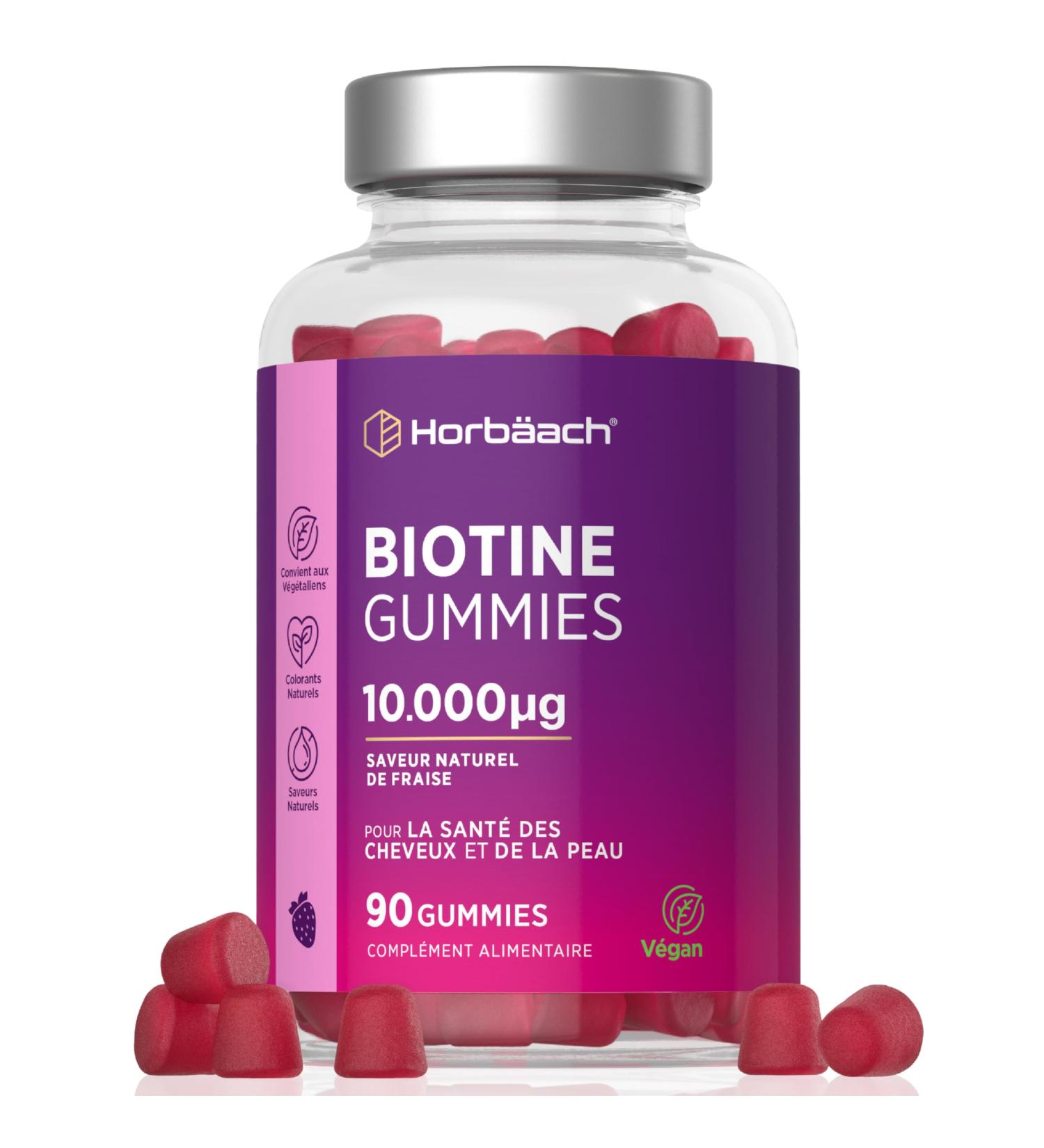 Biotine 10000 mcg Gummies | 90 Gommes V gan | Vitamines pour Cheveux Peau et Ongles | Saveur Naturel de Fraise | par Horbaach - Buy Online on GoSupps.com