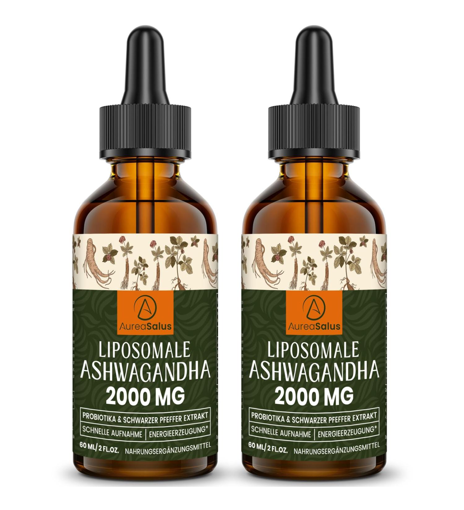 Aureasalus Liposomal Ashwagandha 2000 mg - Pure Natural Extract with Probiotics & Black Pepper (Pack of 2 60 ml) - Enhance Wellness & Reduce Stress - Buy Online on GoSupps.com