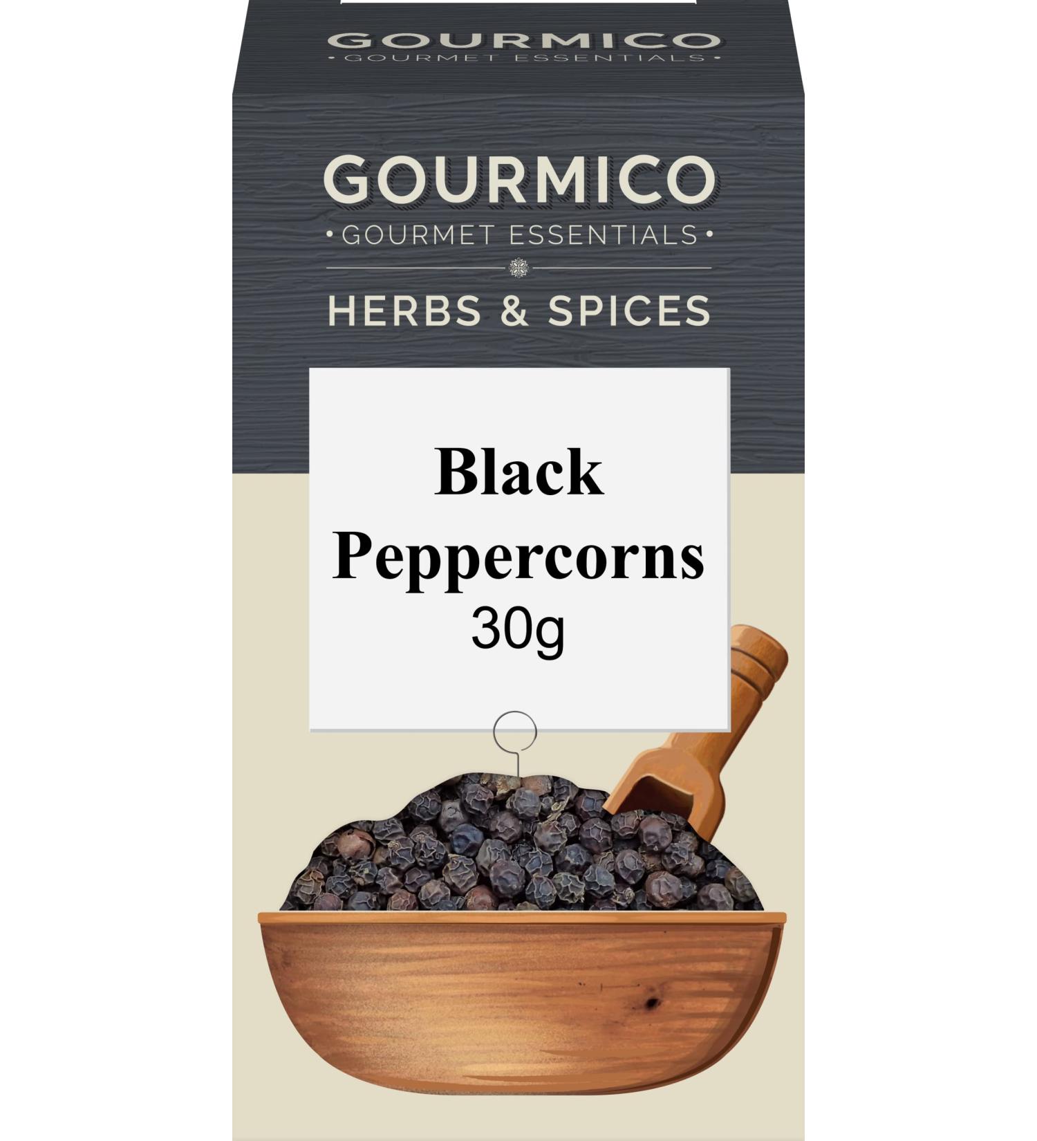 GOURMICO Whole Black Peppercorns An Ideal Seasoning for Meats Fish and Vegetables or Paired with Salad Dressing and Soups Suitable for Vegetarians and Vegans 30 g Pack