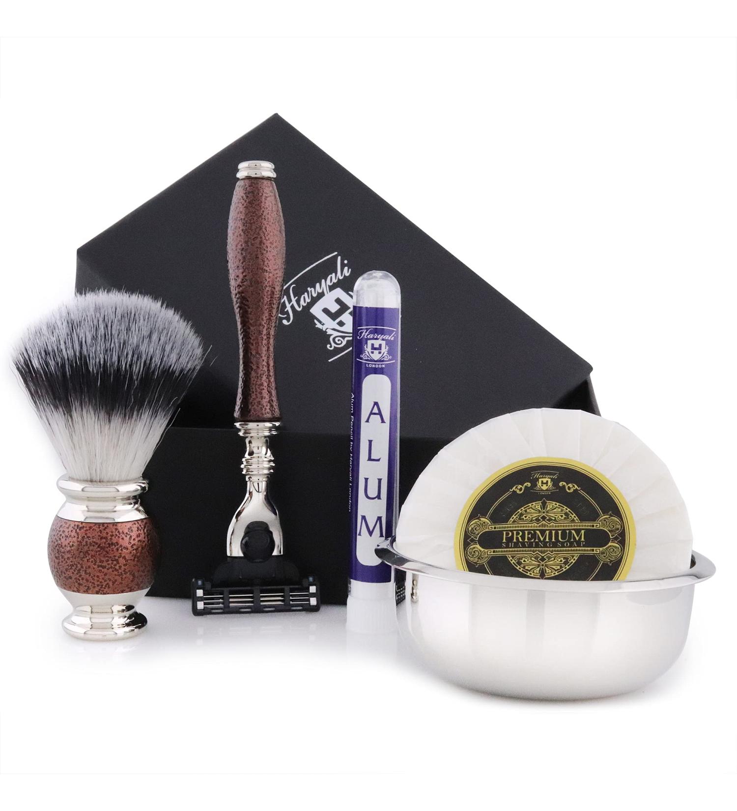 Complete Vintage Style Men's Shaving Set - Synthetic Brush Triple Edge Razor Engraved Bowl & Soap | Free Alum Stick Pencil - Buy Online on GoSupps.com