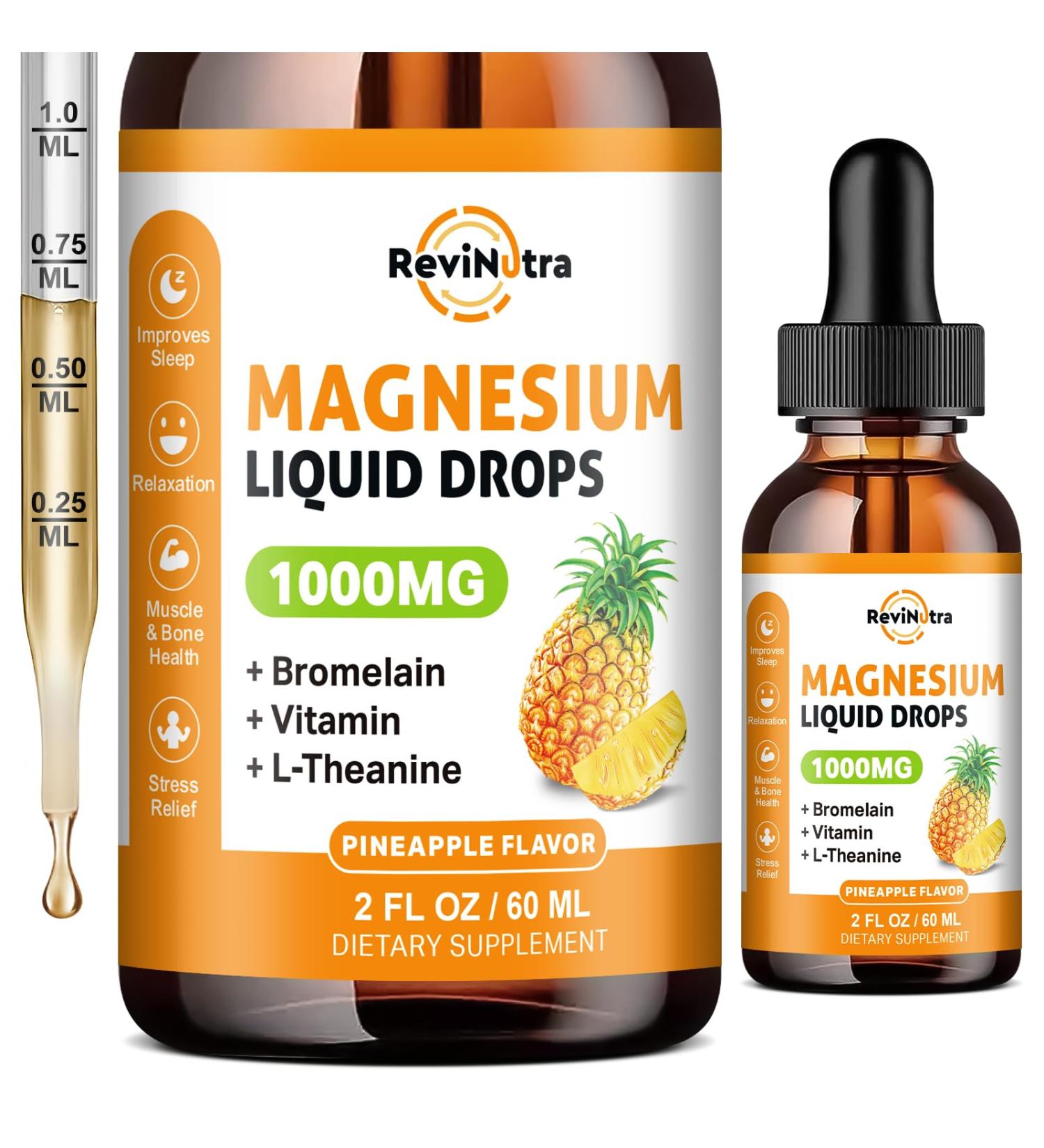 Magnesium Glycinate Liquid Drops 1000mg of Liquid Magnesium Complex Supplement for Sleep Nerve Energy Muscle Bone Calm & Digestion High Absorption 2 Fl Oz Sugar-Free Pineapple Flavor Pineapple 2 Fl Oz (Pack of 1) - Buy Online on GoSupps.com