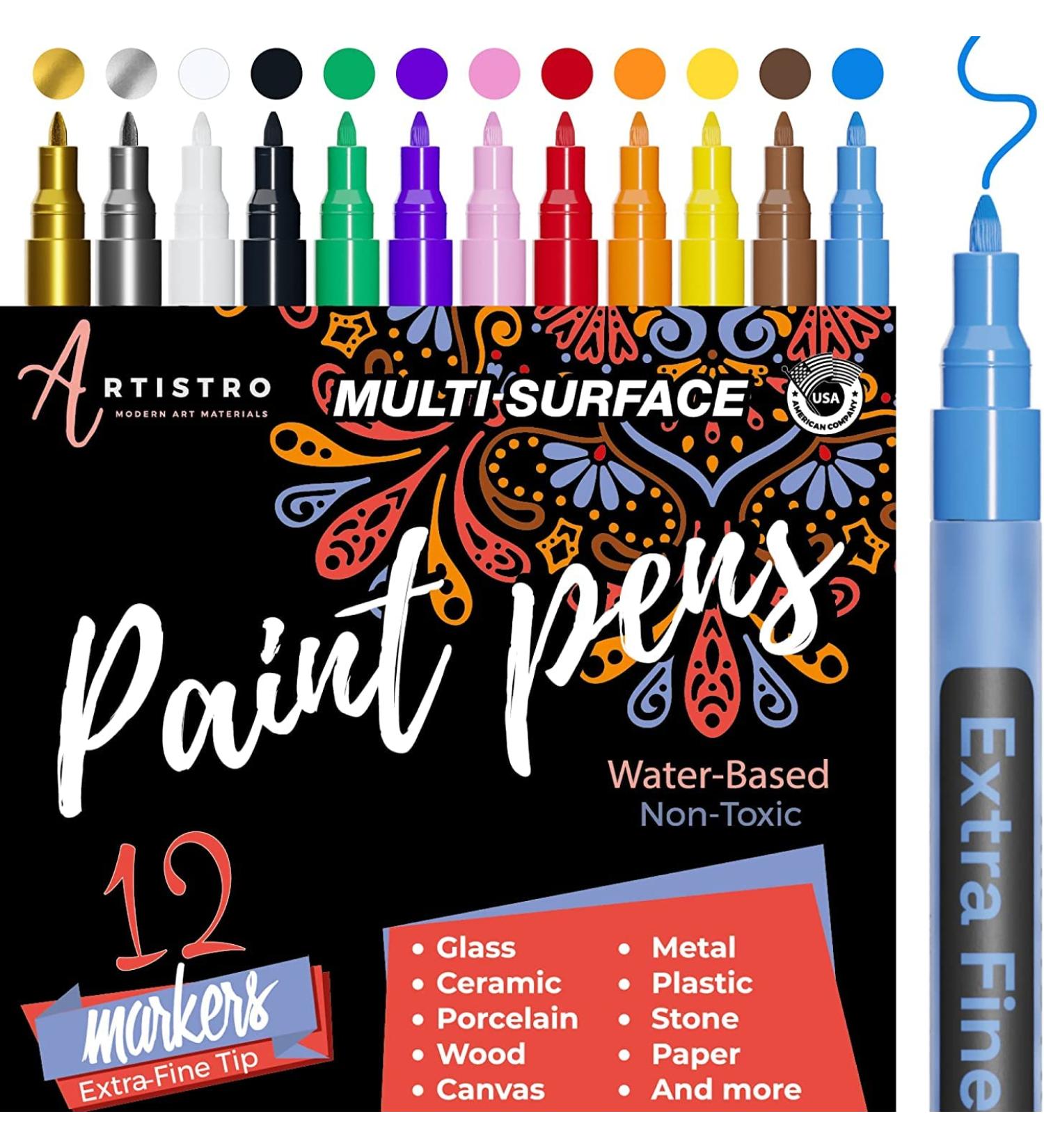 Artistro Paint Pens Set of 12 Acrylic Markers - For Rock, Stone, Ceramic, Glass, Wood, Canvas - Extra-Fine Tip - Buy Online on GoSupps.com