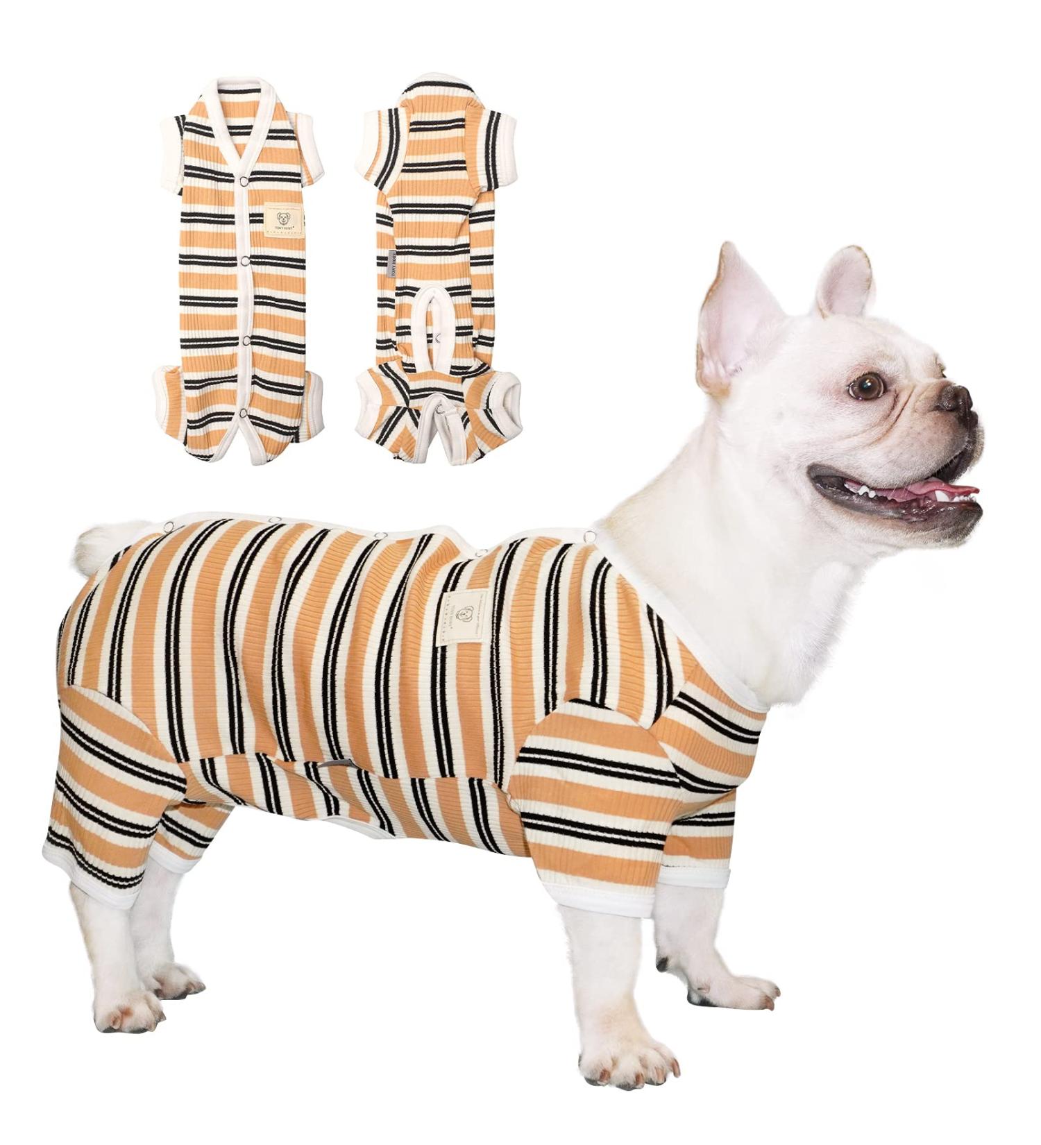 Tony Hoby Dog Suit for Men & Women - Comfortable Striped Cotton Overall for Dogs - Soft 4-Legged Sleepwear in Brown - Buy Online on GoSupps.com