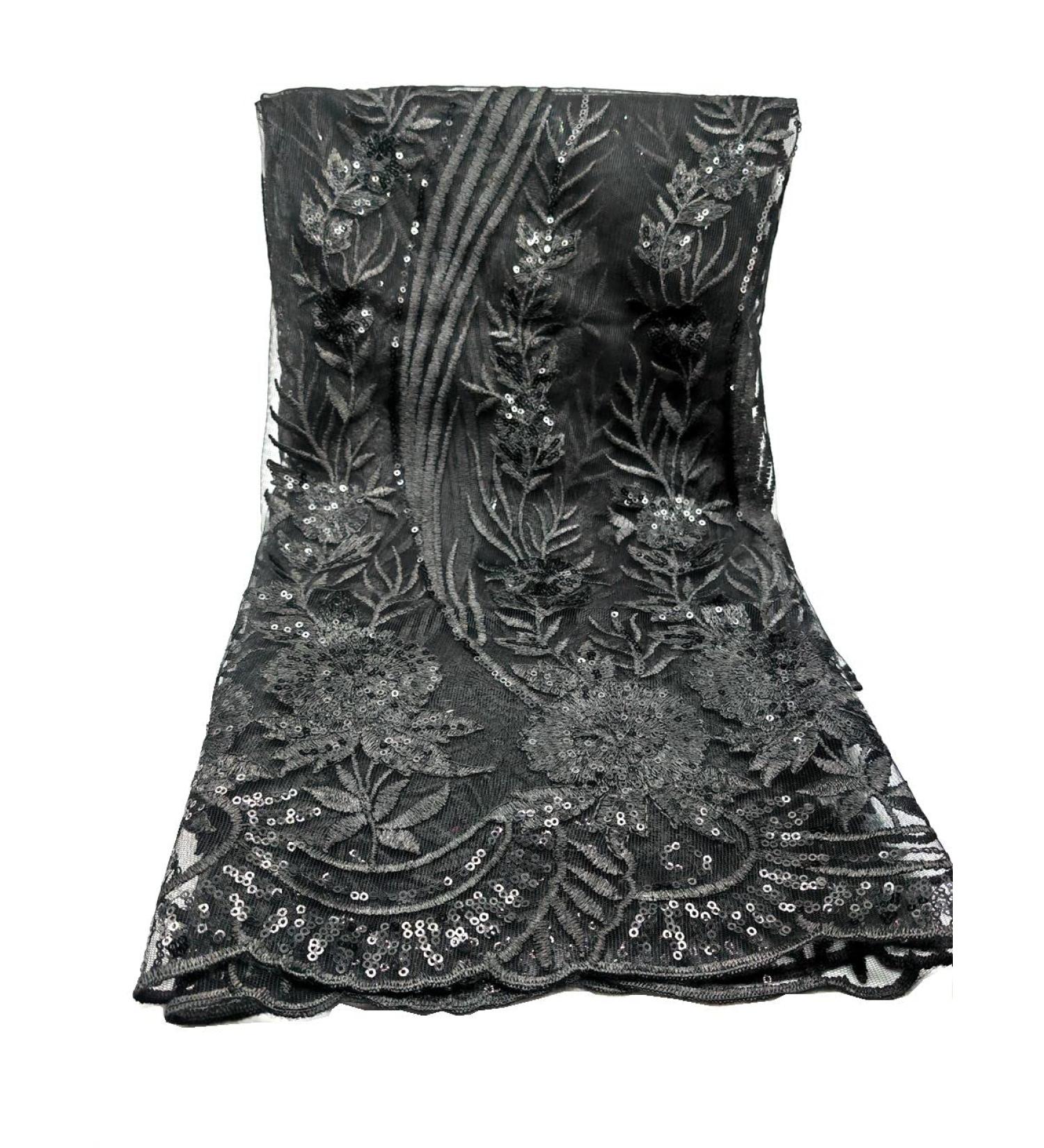 Old DIrd African Lace Fabric Embroidered French Lace with Sequins - 5 Yards for Wedding - Black 1 - Buy Online on GoSupps.com