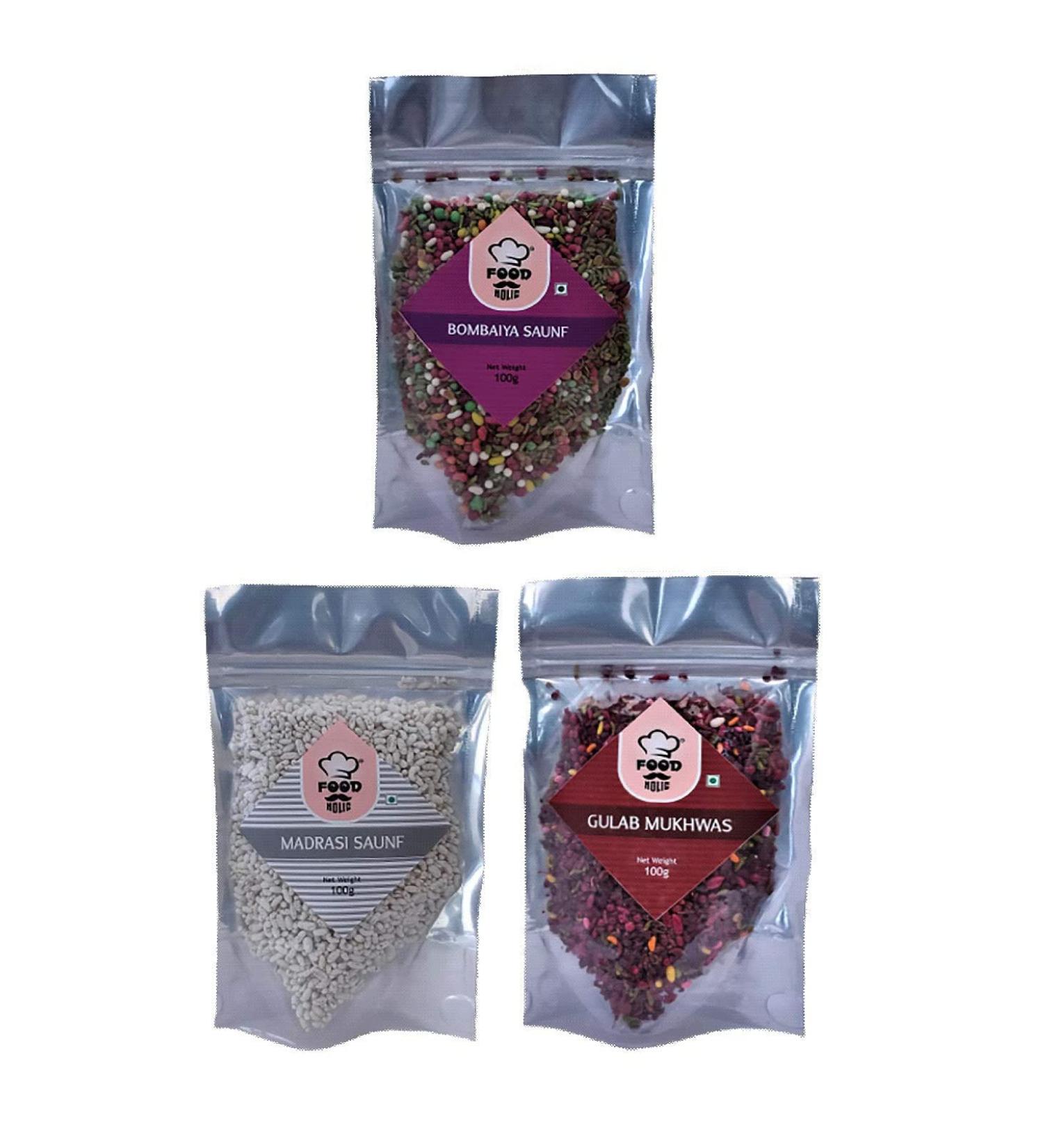 Foodholic Premium Mouth Freshener Combo Pack of 3 (100 Gm Each) (Bambaiya Mukhwas Gulab Mukhwas & Madrasi Saunf)_Packing May Vary