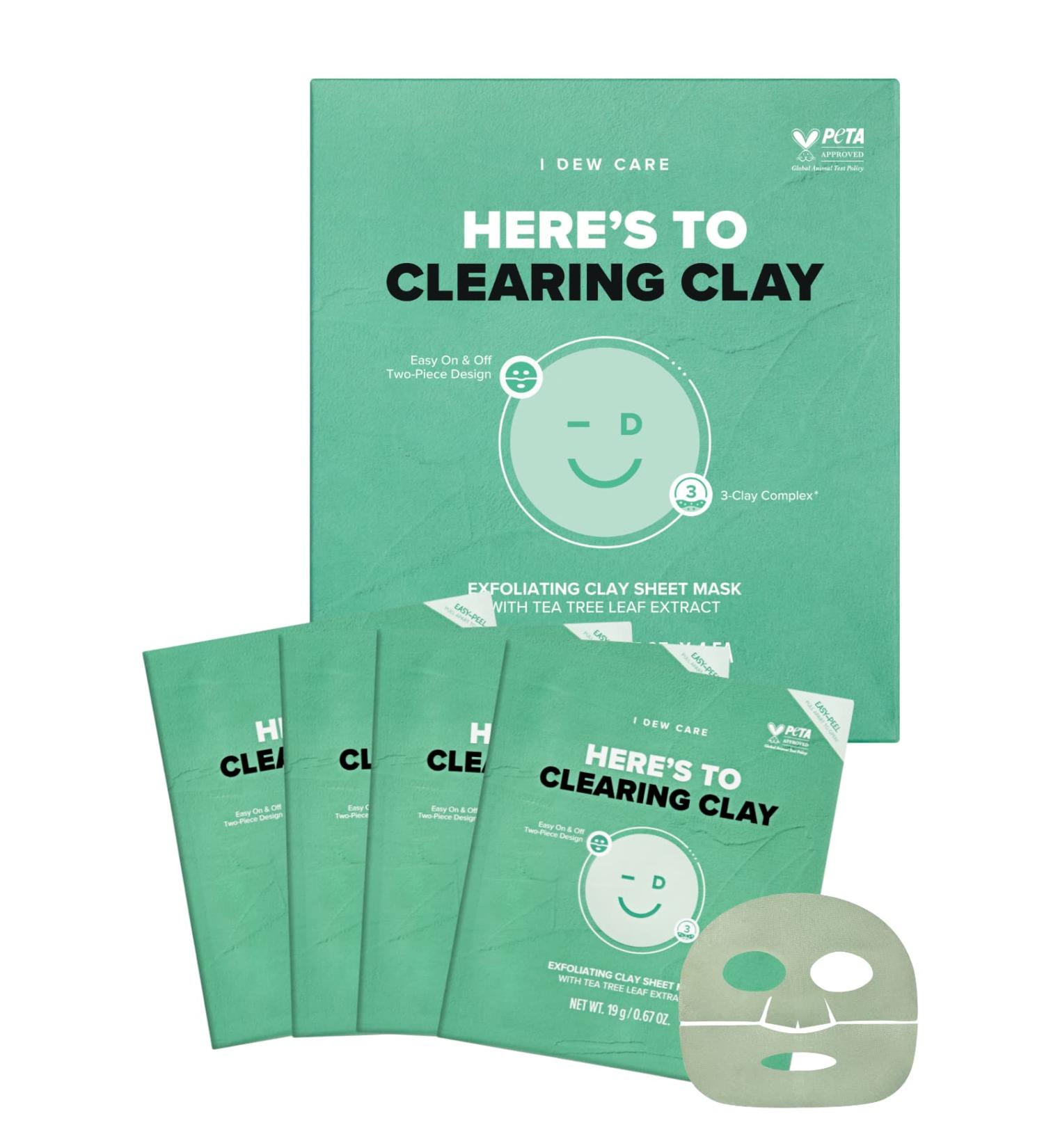 I DEW CARE Clay Sheet Mask - 4 Pack | Daily Exfoliate, Decongest, Minimize Pores, & Soothe | Infused with 3-Clay Complex, Tea Tree & Centella Asiatica - Buy Online on GoSupps.com