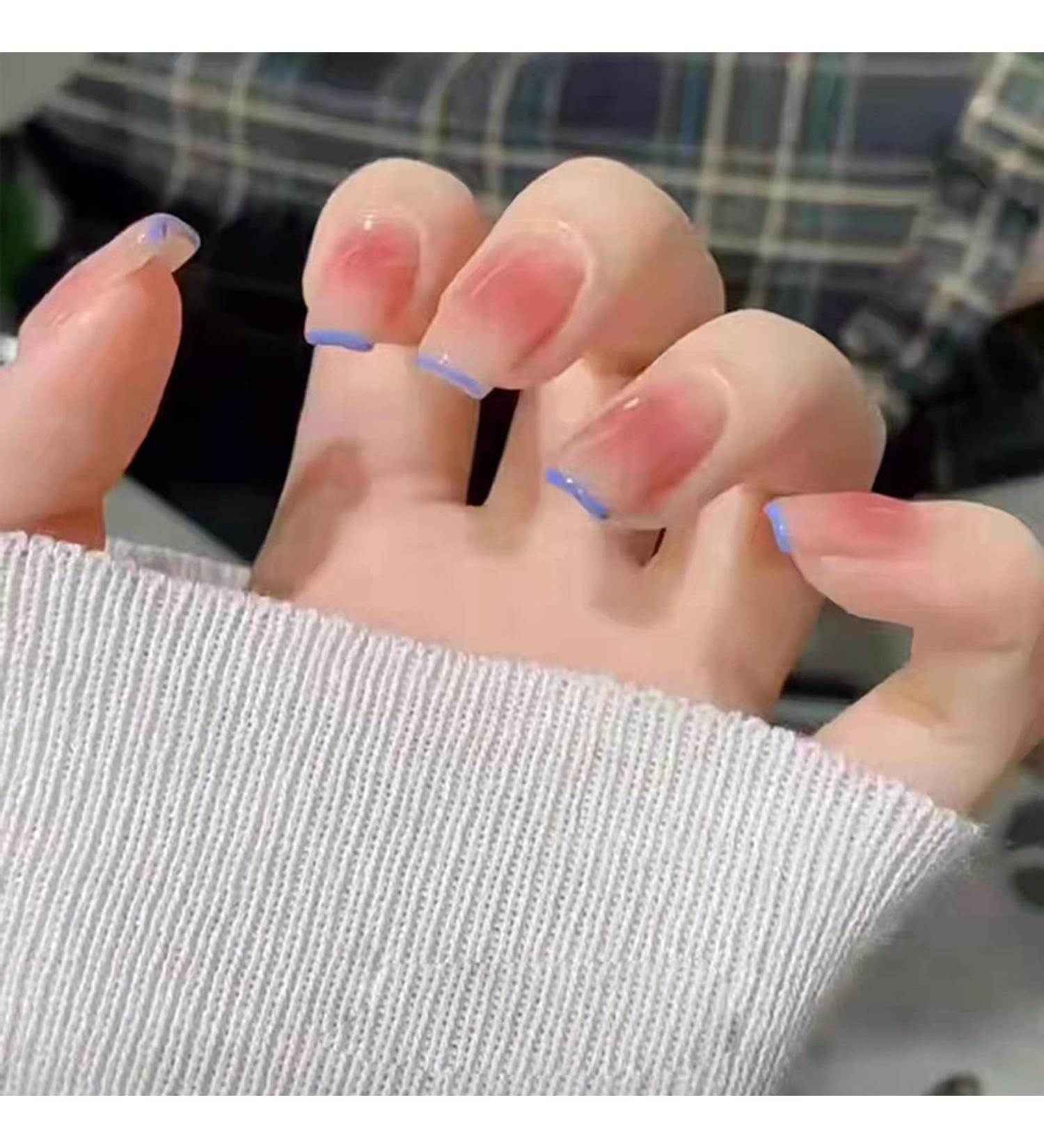 Justotry 24 Pcs Gradient Pink Short False Nails with Purple French Tip Design - Ballerina Stick on Nails with Glue for Women - Buy Online on GoSupps.com