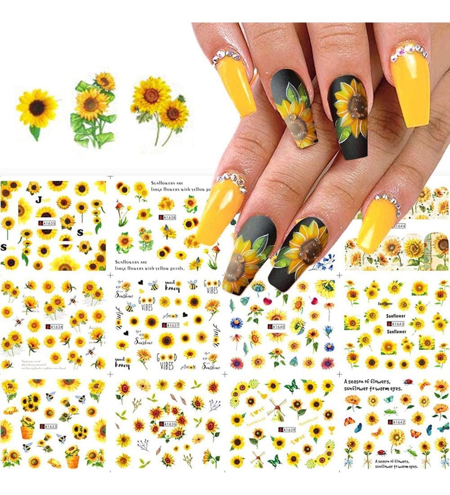 Sunflower Nail Decals - 12 Sheets Water Transfer Flower Nail Stickers for Summer Nails - Nail Art Accessories and Supplies for Acrylic Nail Decor - Buy Online on GoSupps.com