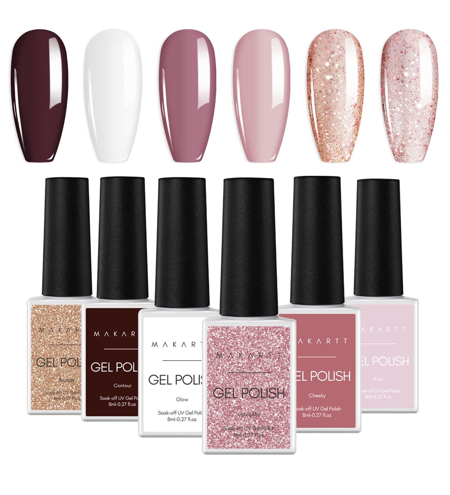 Makartt Gel Nail Polish Kit - 6 Colors Nude & Glitter Set with Nail Stickers - Soak Off DIY Manicure Kit - Holiday Gift - 10 Piece Set - Buy Online on GoSupps.com