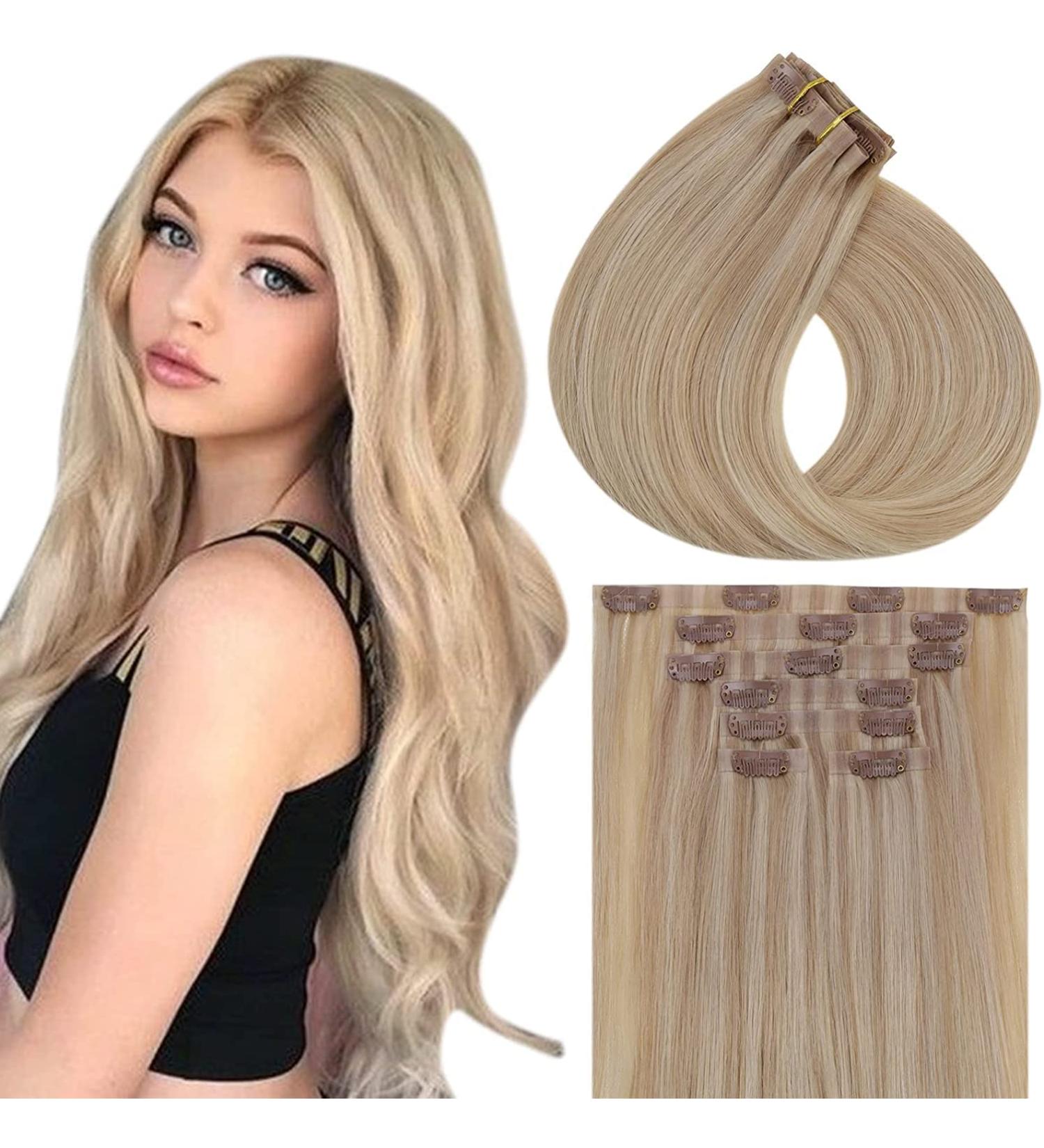 Buy 16 Ash Blonde Clip-in Hair Extensions - Real Remy Human Hair 7pcs Perfect for Mother's Day Seamless PU Clips - Buy Online on GoSupps.com