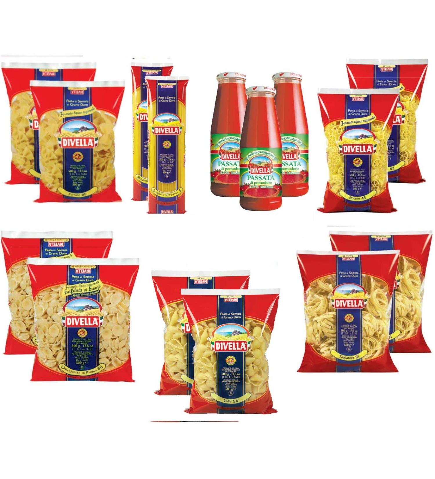  Divella DIVELLA Family Kit 12 packs of 500g pasta (butterflies ears knives rolls spaghetti restaurants tofe) + 3 bottles of tomato paste 640 g - Buy Online on GoSupps.com