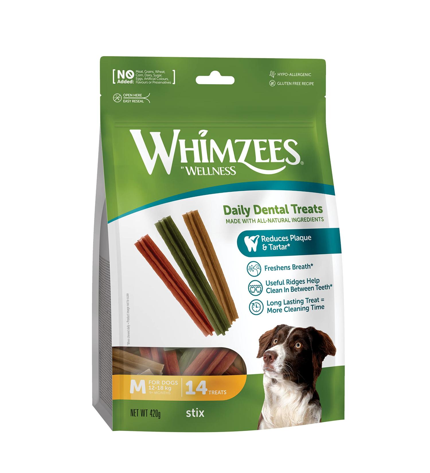 Whimzees by Wellness Stix - Natural Grain-Free Dental Care Snacks for Medium Dogs | 14 Pieces (420g) - Buy Online on GoSupps.com