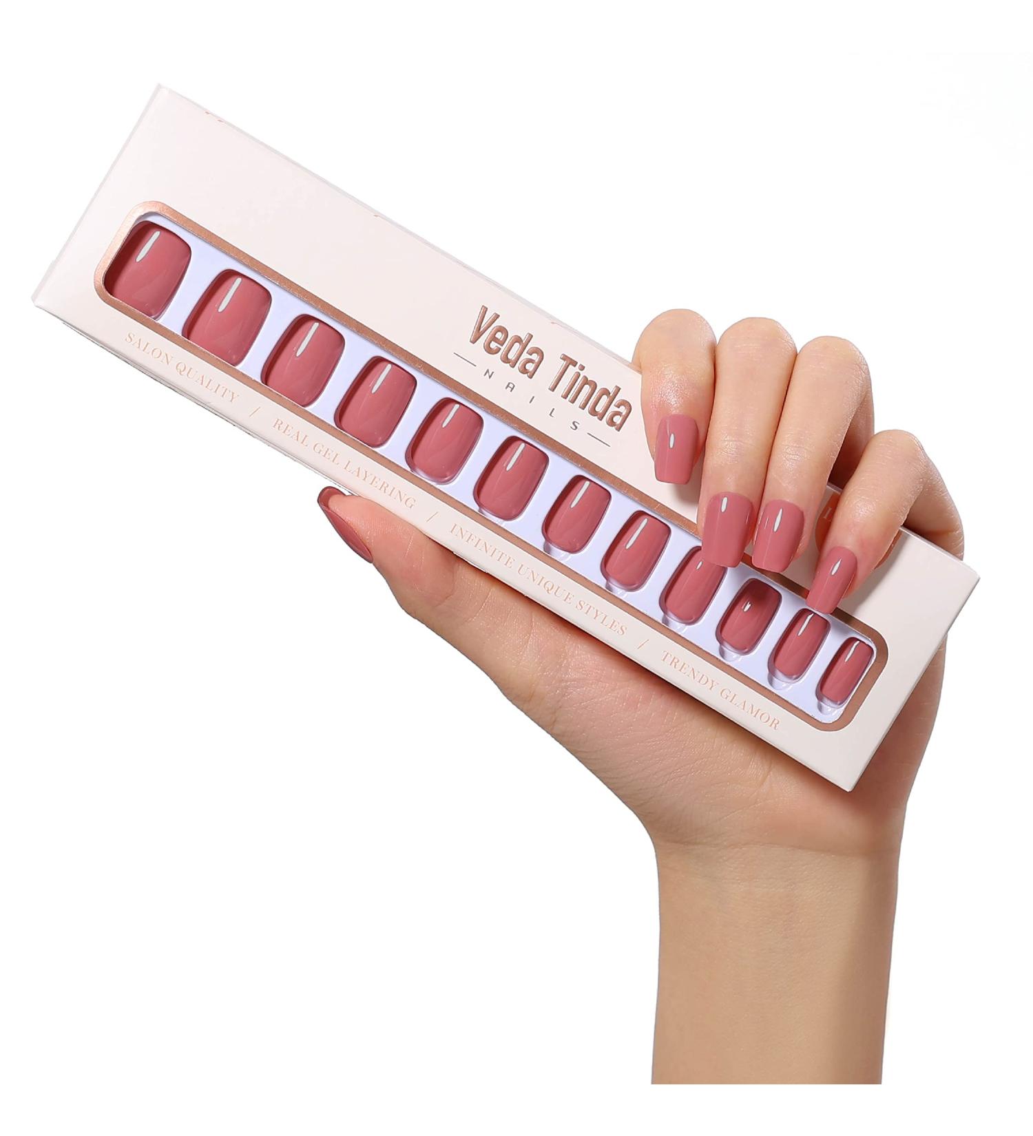 Veda Rose Pink Short Square Press on Nails - 24 Pcs with Nail Glue and Tools - Buy Online on GoSupps.com