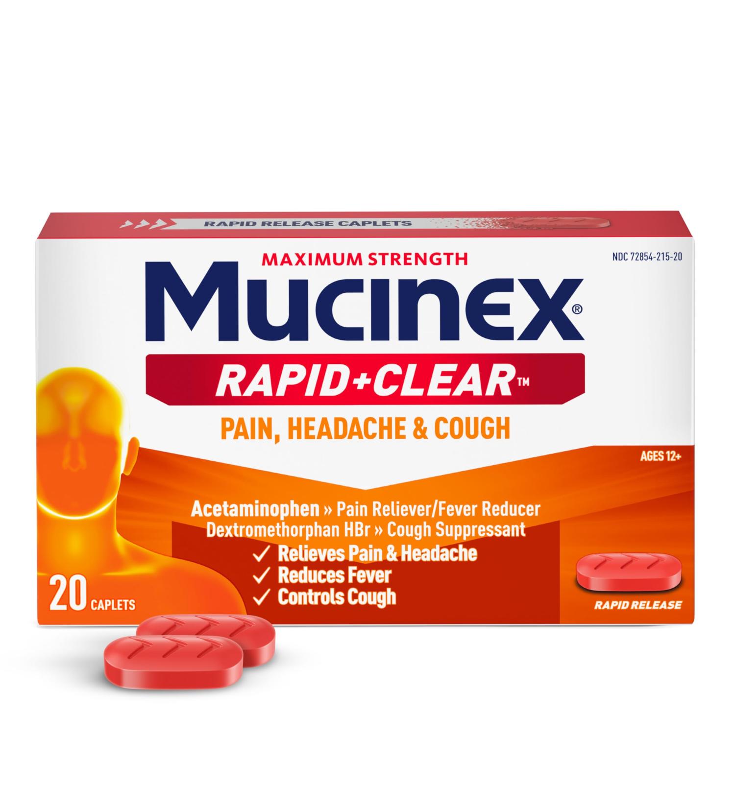 Mucinex Rapid+Clear Maximum Strength Cold & Cough Medicine Fever Pain Headache & Cough Relief with Acetaminophen & Dextromethorphan Rapid Release Caplets for Adults 20 Count 20 Count (Pack of 1) Caplets - Buy Online on GoSupps.com