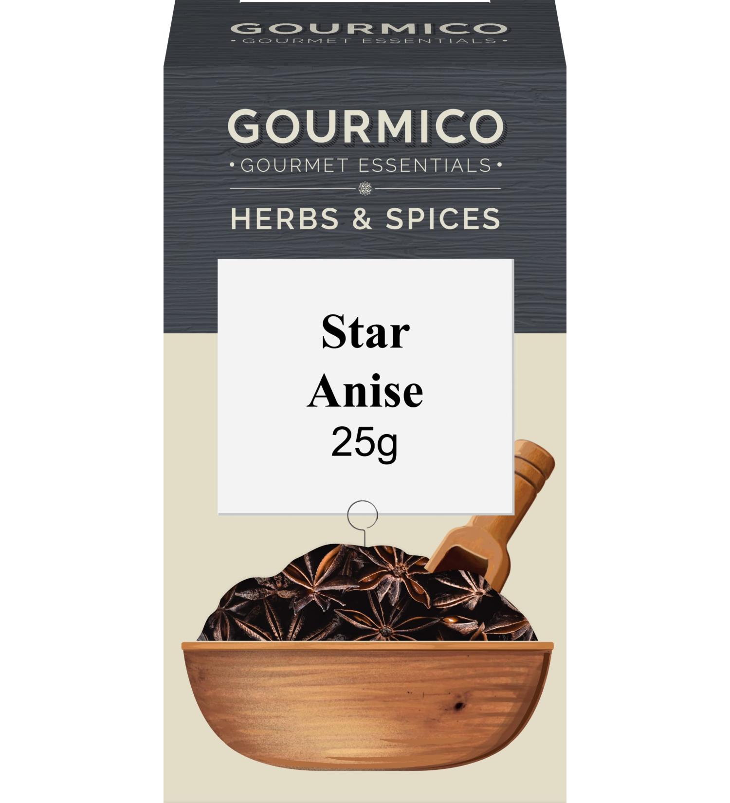 GOURMICO Whole Star Anise Pods Ideal to Spice Up Soups Stews & Braising Broths or Partnered with Tea and Fruit Fillings. Suitable for Vegetarians and Vegans 25g Pack