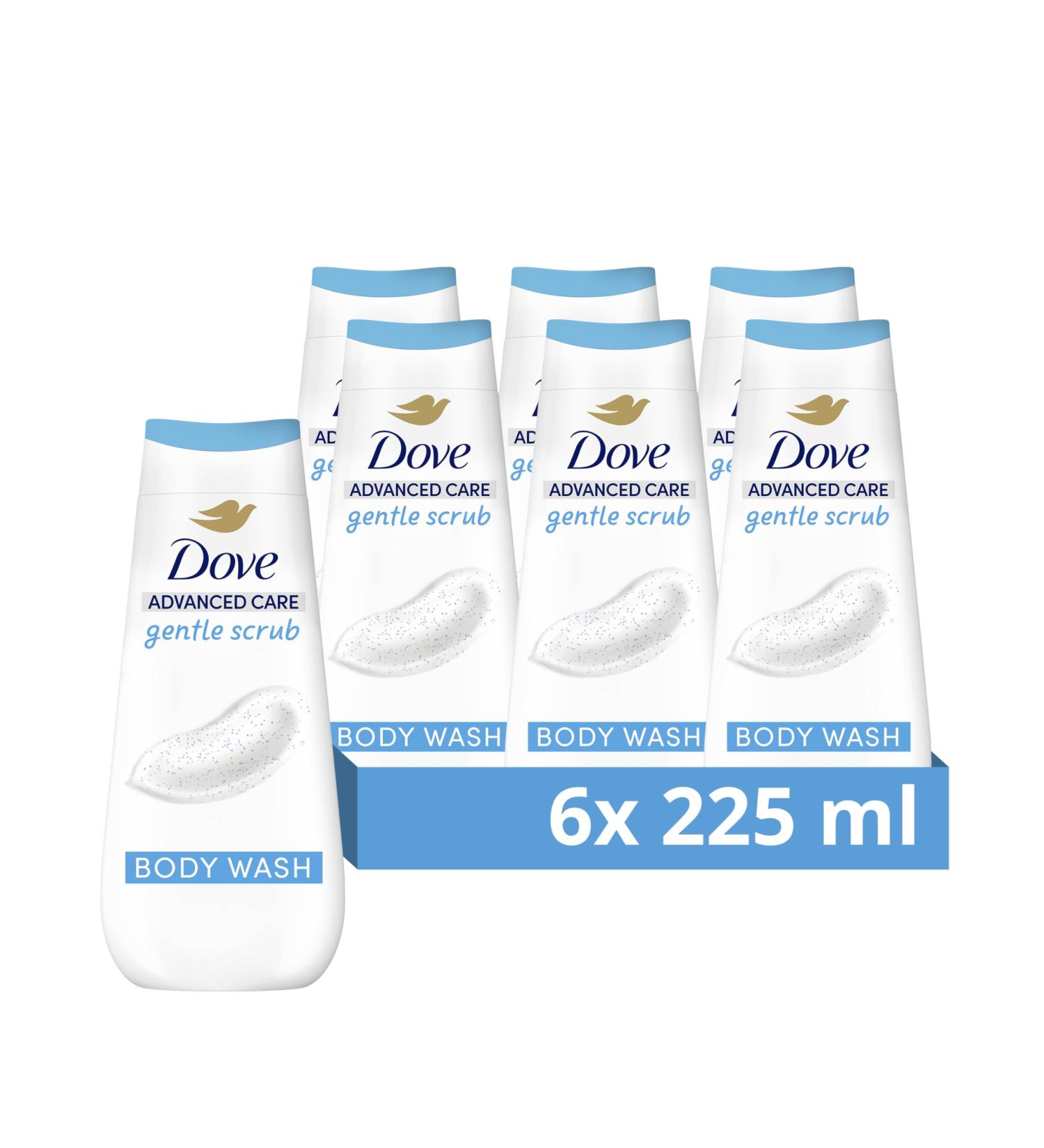 Dove Advanced Care Gentle Scrub Body Wash Body Cleanser shower gel with exfoliating minerals for instantly lotion-soft skin 6x 225 ml - Buy Online on GoSupps.com