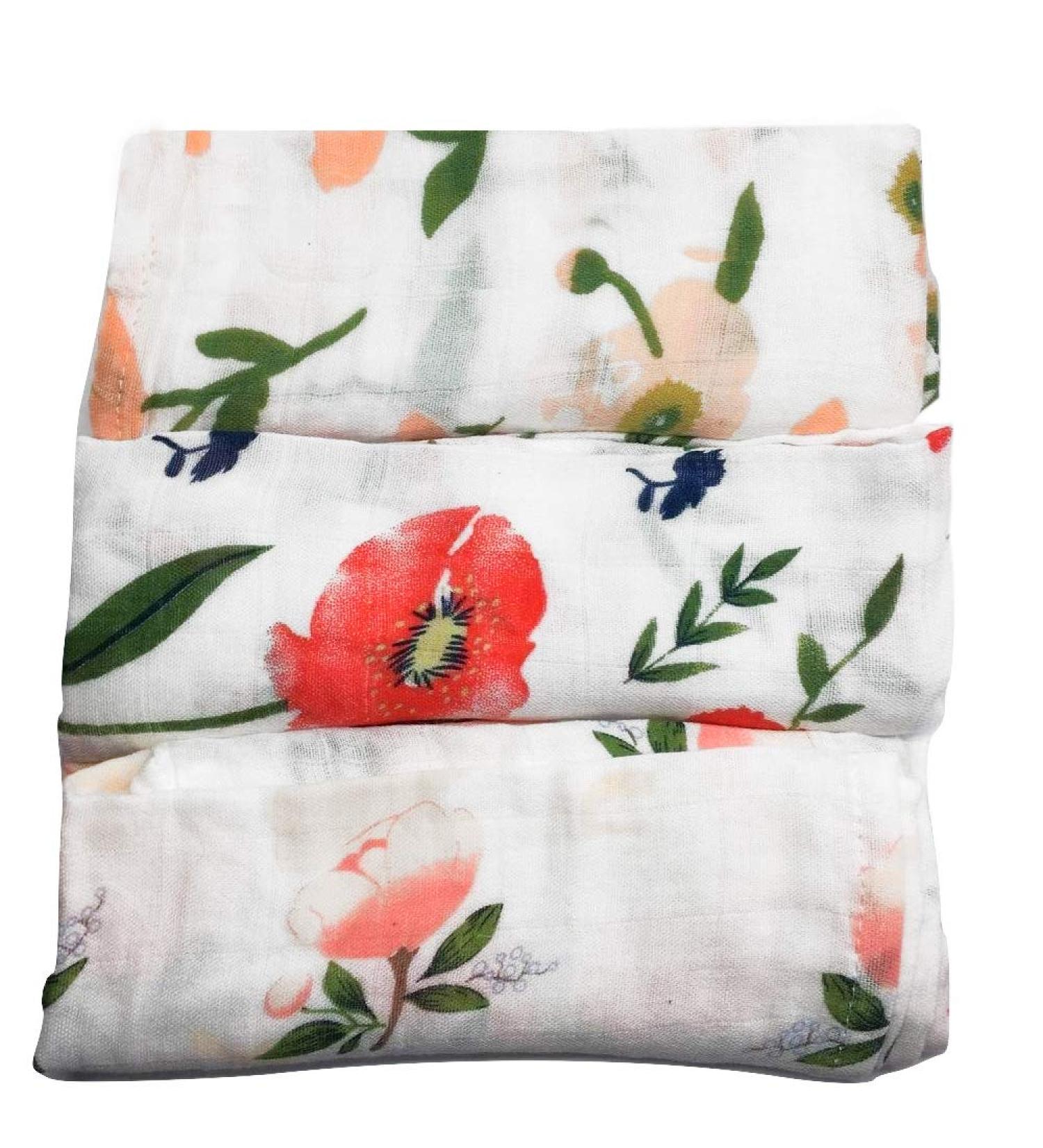 Little English Bamboo/cotton ultra soft Muslin Squares for babies - Flower Power - Set of 3-60cm x 60cm Flower Power Muslin Squares