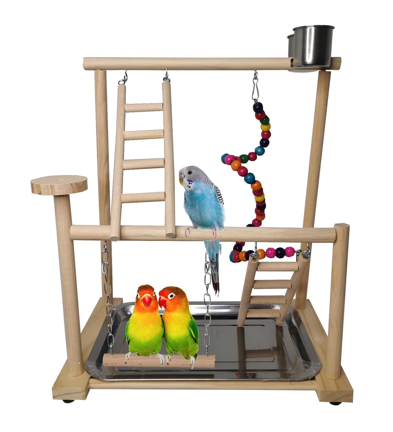 Parrots Playground Bird Play Gym Wood Perch Stand with Toys & Cups | Exercise Activity Center for Conure, Cockatiel, Lovebirds | Includes Tray - Buy Online on GoSupps.com