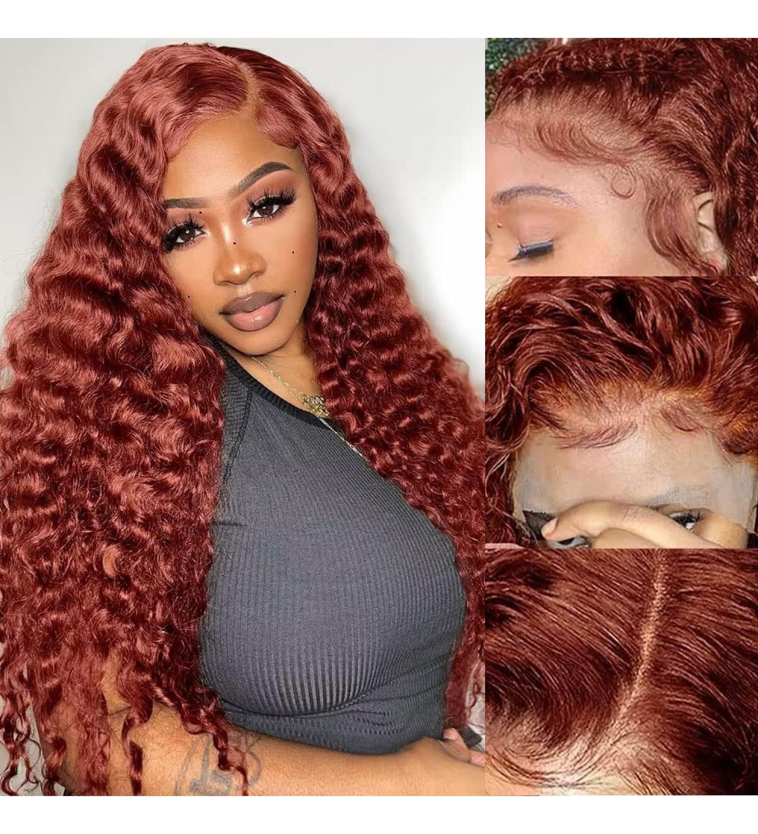 Reddish Brown Deep Wave Lace Front Human Hair Wig 180% Density | 13X4 HD Lace Frontal Copper Red Colored Curly Glueless Wig Pre Plucked for Black Women - Buy Online on GoSupps.com