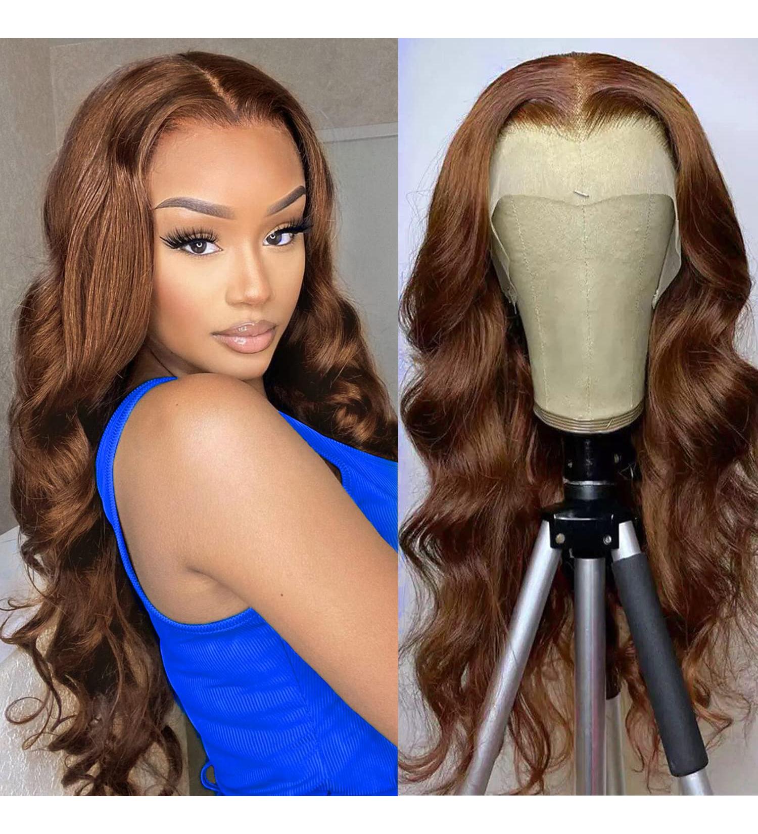 Lace Front Human Hair Wig 24 Inch Chocolate Brown Auburn Body Wave 13x4 Transparent Lace Frontal Pre Plucked with Baby Hair for Black Women - 180 Density - Buy Online on GoSupps.com