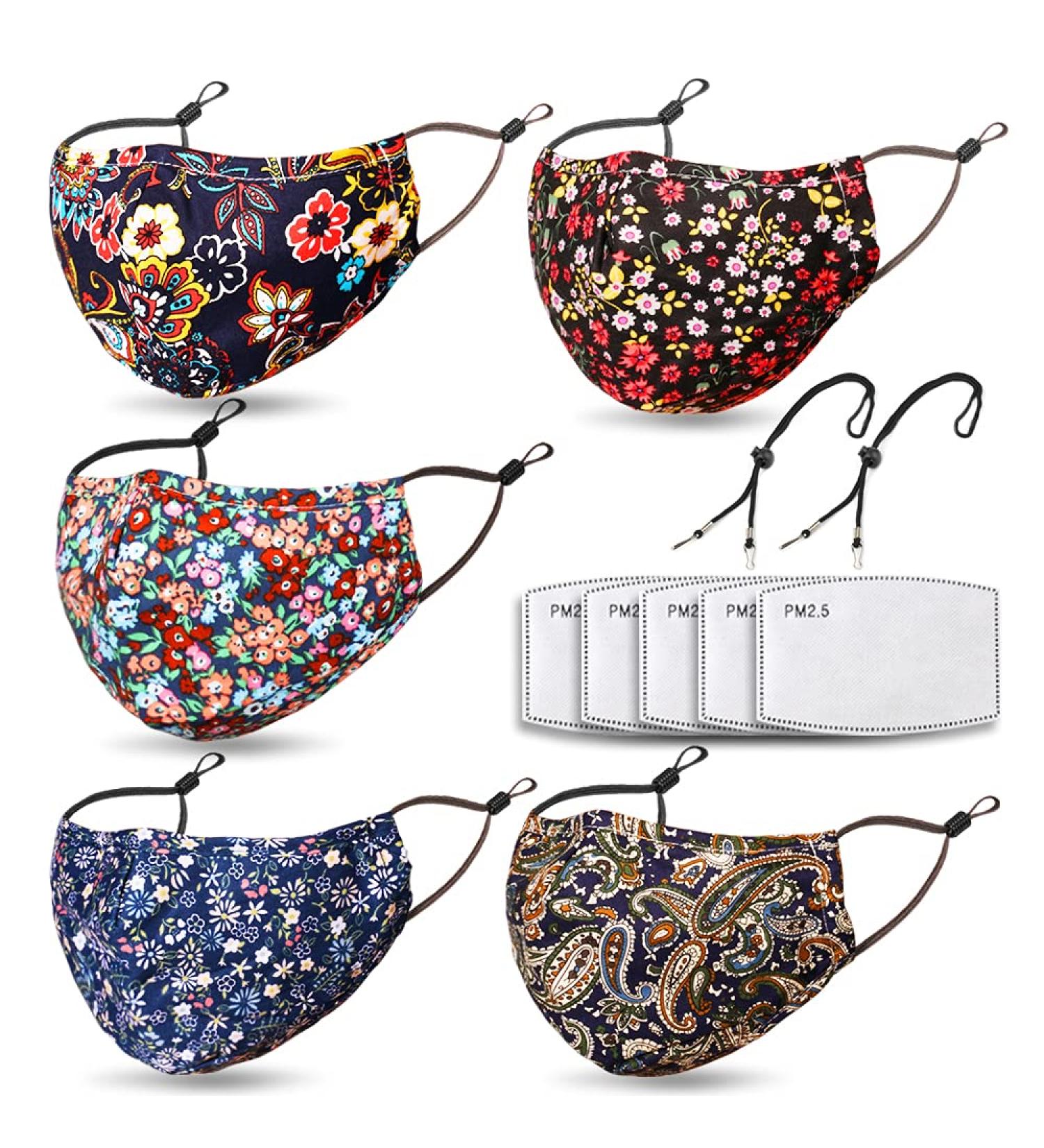 MOTEM Reusable Washable Face Mask for Women - Nose Wire, Filter Pocket, 5 Filters, Adjustable Lanyards - Bohemian Print - Breathable Dust Cloth Fabric - Buy Online on GoSupps.com