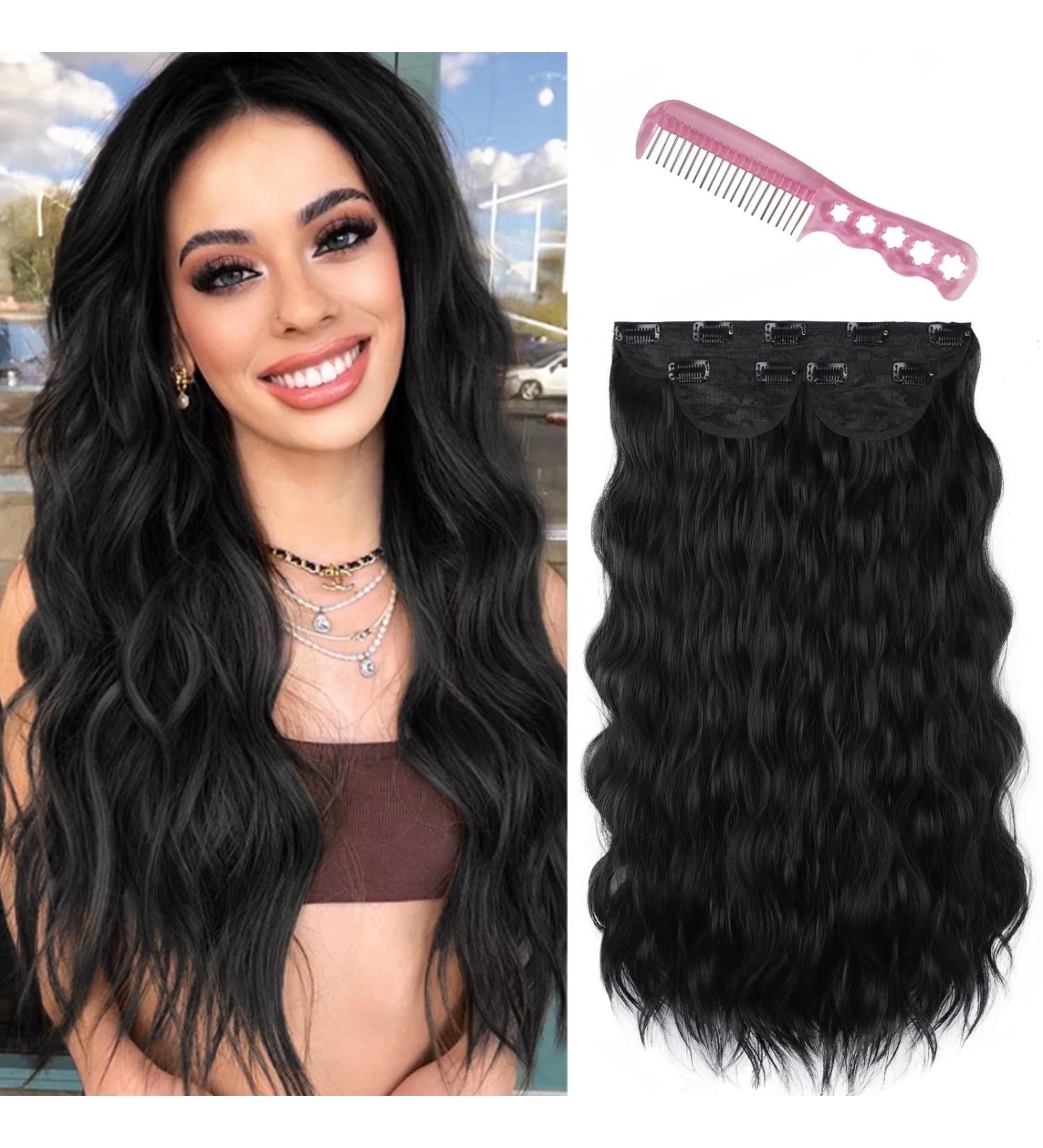 DeeThens Black Wavy Clip in Hair Extensions for Women - 3pc Synthetic Hairpiece, 20 Inch Invisible Wavy Clip Extensions - Black - Buy Online on GoSupps.com