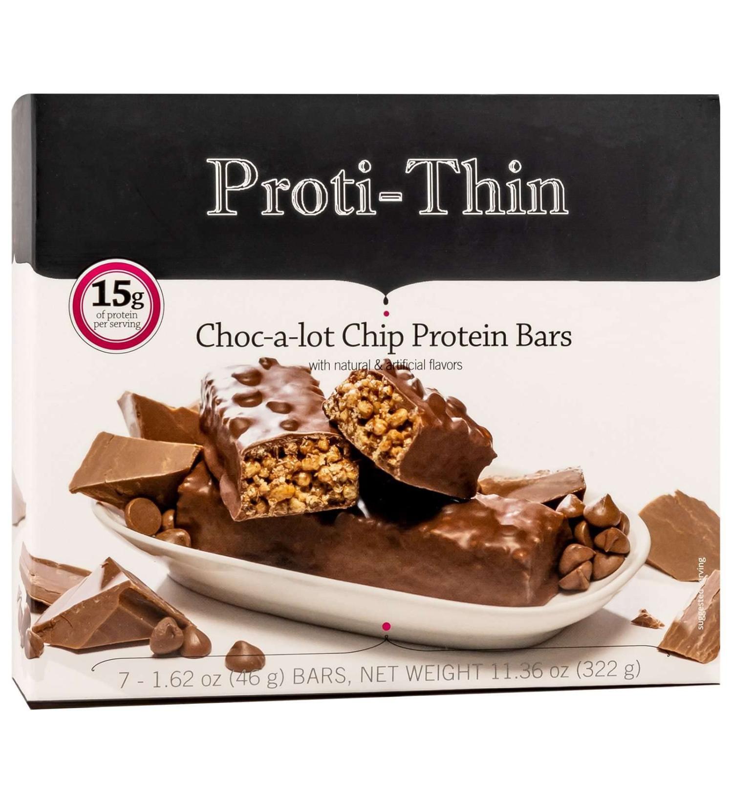 Proti-Thin Choc-A-Lot Chip Protein Bar 15g Protein Low Carb Diet Bar Low Fat No Gluten Ingredients 7 Bars/Box Choc-O-Lot Chip - Buy Online on GoSupps.com