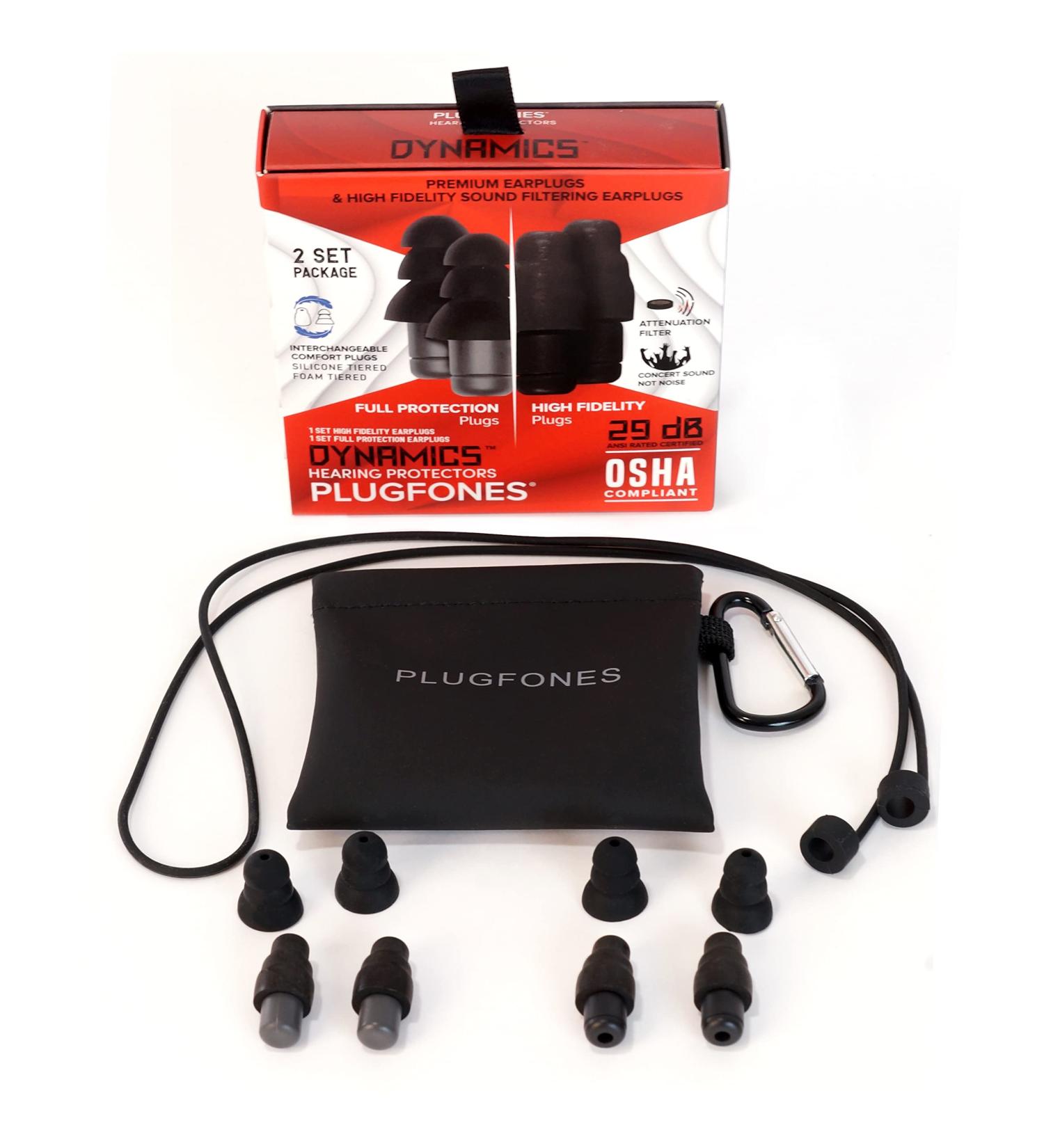 Plugfones Dynamics High Fidelity Earplugs AND Full protection Earplugs 2 pair set for Concerts Musicians Shooting and More with Carabiner pinch case and removable comfort connector cable - Buy Online on GoSupps.com