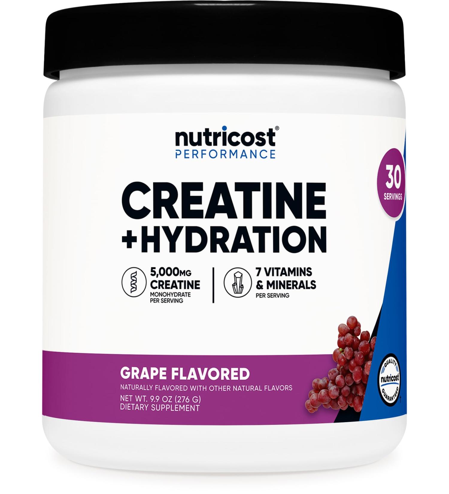 Nutricost Creatine Monohydrate + Hydration Grape Flavored (30 Servings) - 7 Vitamins & Minerals 5000mg of Creatine Per Serving - Buy Online on GoSupps.com