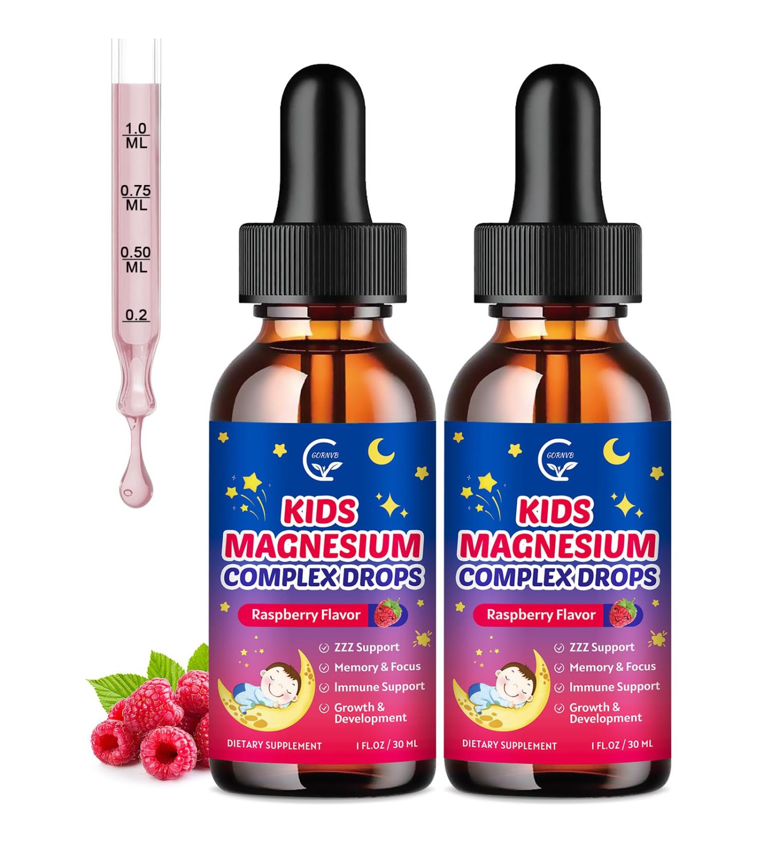 (2 Bottles) Magnesium Glycinate Liquid for Kids with L-Theanine Omega-3 Vitamin D3 K2 Zinc Kids Magnesium Liquid Drops for Sleep & Calm Brain Bone Sugar Free Raspberry Flavor - Buy Online on GoSupps.com