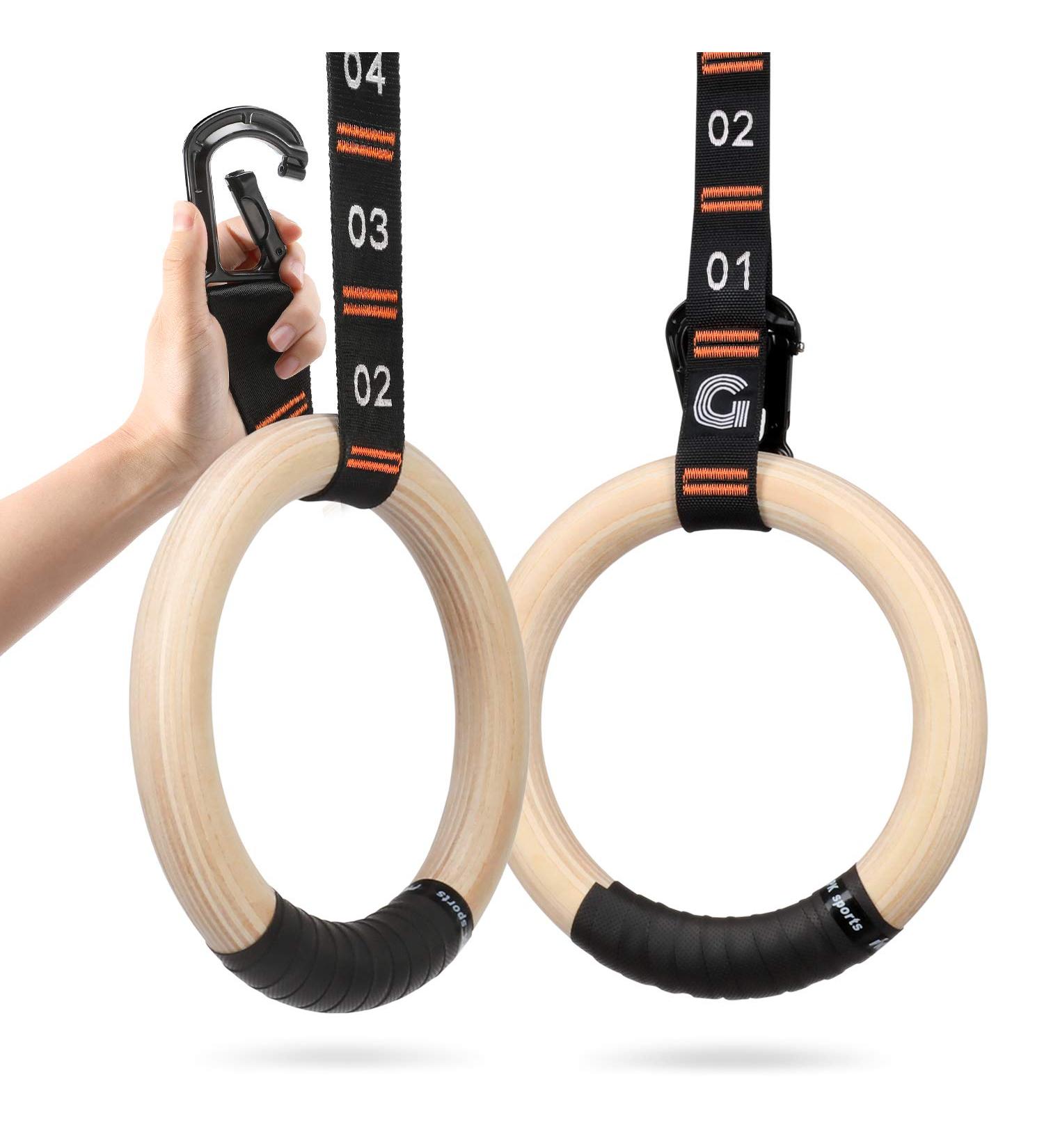 Gonex Wooden Gymnastic Rings with Adjustable Straps | Crossfit & Workout Exercise Rings for Outdoor Training | Quick Install Carabiner | Non-Slip Birch Wooden Rings - Buy Online on GoSupps.com