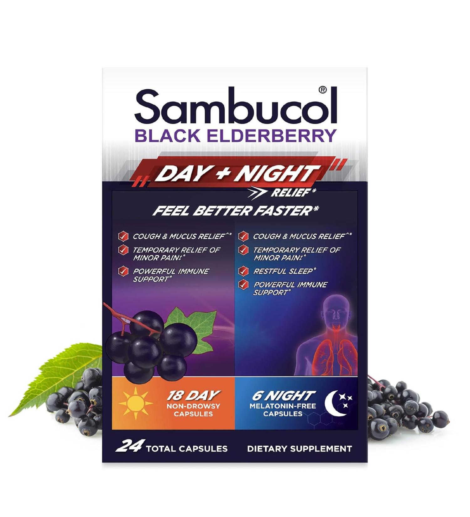 Sambucol Black Elderberry Day & Night Relief - Feel Better Faster, Non-Drowsy Daytime Relief for Men & Women, Restful Sleep for Adults, Melatonin-Free - 24 Capsules, 1 Pack - Buy Online on GoSupps.com