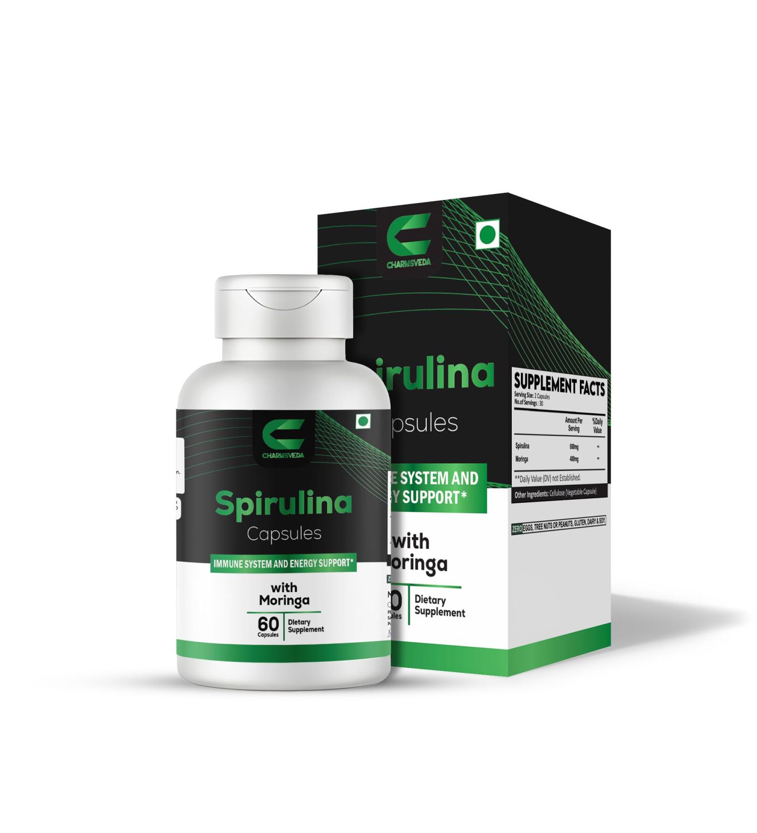 CHARMSVEDA Spirulina Capsules with Moringa Herbal Immune Support* 60 Vegan Capsules - Buy Online on GoSupps.com