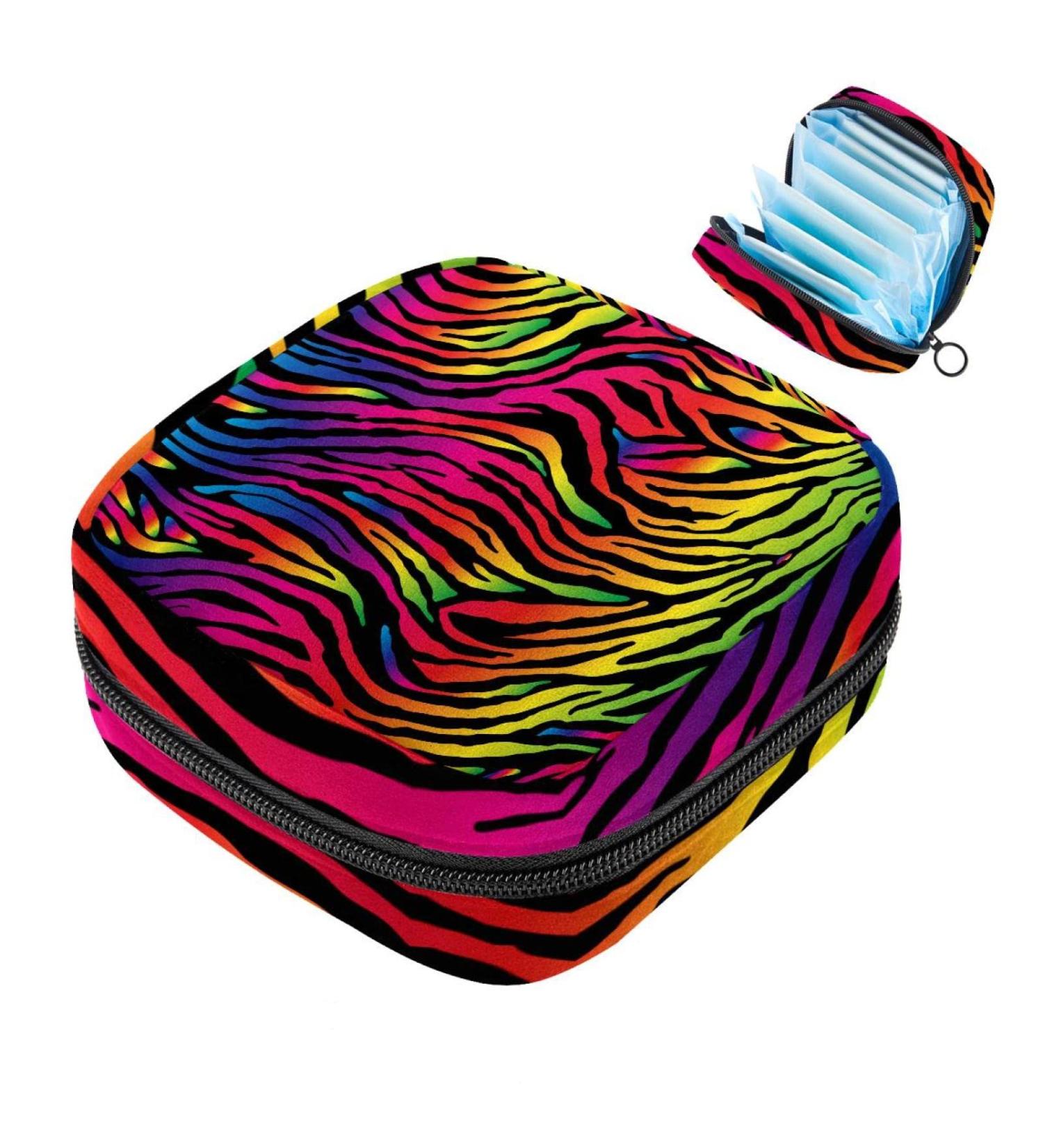 Stylish Rainbow Zebra Menstruation Pad Bag with Zipper - Women's Tampon & Napkin Organizer - Buy Online on GoSupps.com
