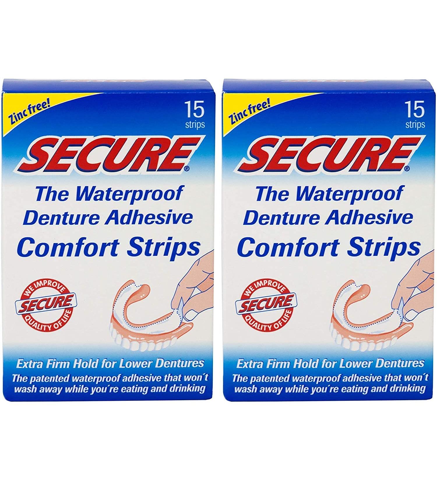 Secure Comfort Strips Waterproof Denture Adhesive - Zinc Free Extra Firm Hold for Lower Dentures (2 Pack 15 Count) - International Shipping Available - Buy Online on GoSupps.com
