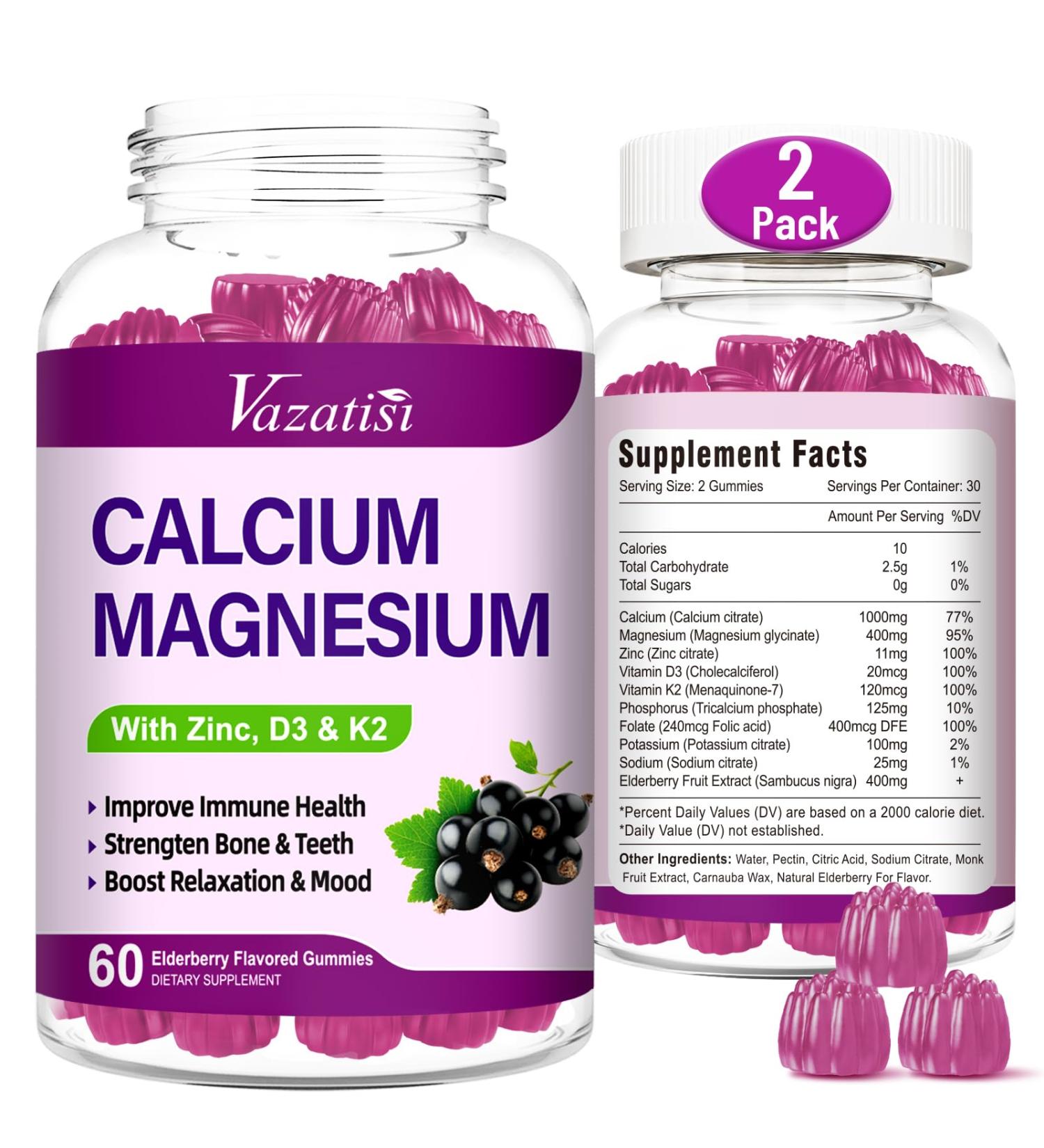 Calcium Magnesium Zinc Gummies with Vitamin D3 and K2 High Absorption Magnesium Glycinate Potassium for Immune and Muscles Vegan Elderberry Flavor 120 Gummies Sweet Elderberry 60 Count (Pack of 2) - Buy Online on GoSupps.com