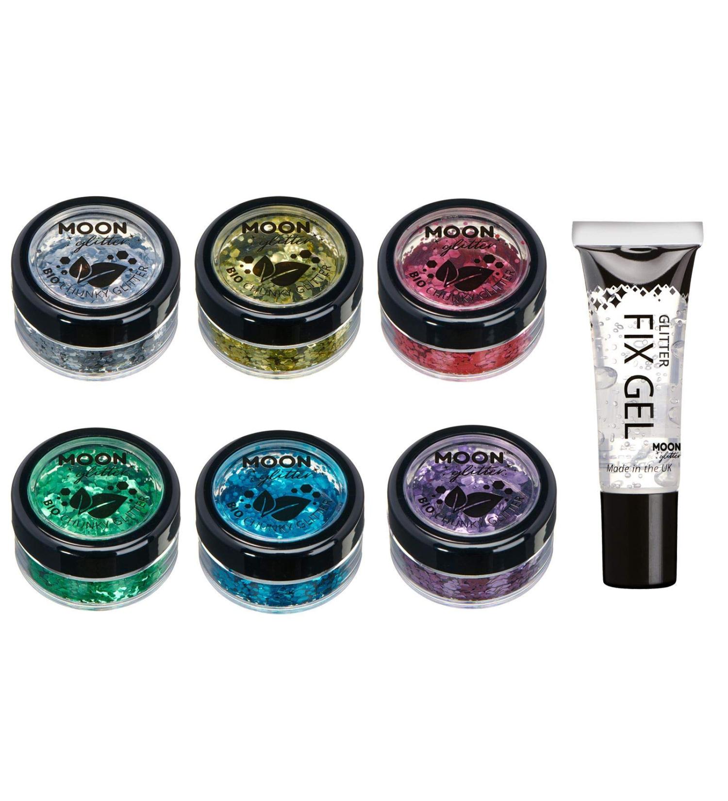 Biodegradable Eco-Glitter | Moon Glitter | 100% Organic Cosmetic Glitter Set (6x3g) with Fixation Gel | Face Body Nails Hair Lips - Buy Online on GoSupps.com