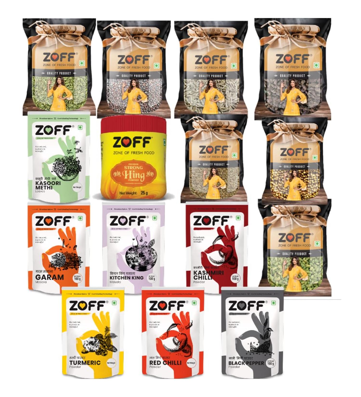 Zoff All Natural Spice kit | Set of 15 Authentic Indian Spices Essential for Every Kitchen | Cardamom Carrom Black Pepper Fenugreek Leaves Fennel Cumin Garam Masala Asafetida Mustard Kashmiri Chili Turmeric Chili Coriander Kitchen King | Premium Quality I - Buy Online on GoSupps.com