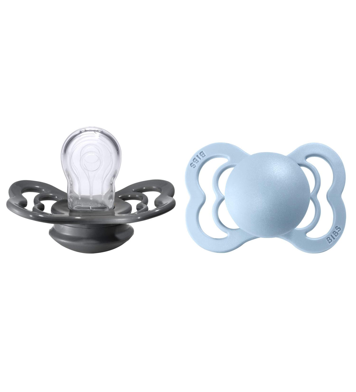 BIBSS Supreme BPA-Free Silicone Pacifiers 2-Pack | Symmetrical Nipple for 0-6 Months | Made in Denmark | Baby Blue & Iron - Buy Online on GoSupps.com