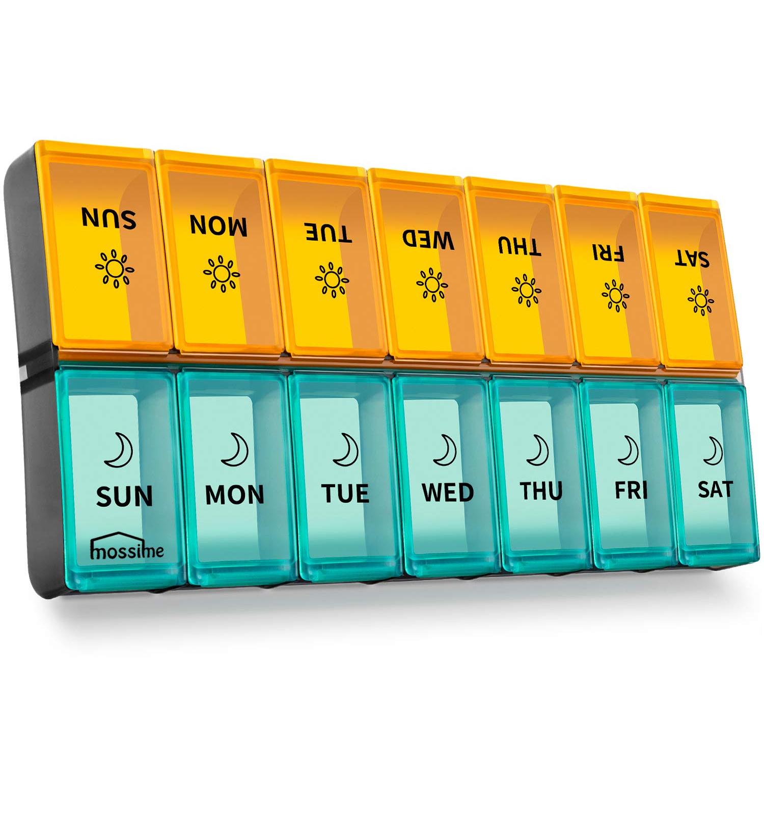 Mossime XL Daily Pill Organizer - 2 Times a Day, 7 Day AM PM Weekly Medication Dispenser - Big Pill Container with 14 Compartments (Blue-Orange) - Buy Online on GoSupps.com
