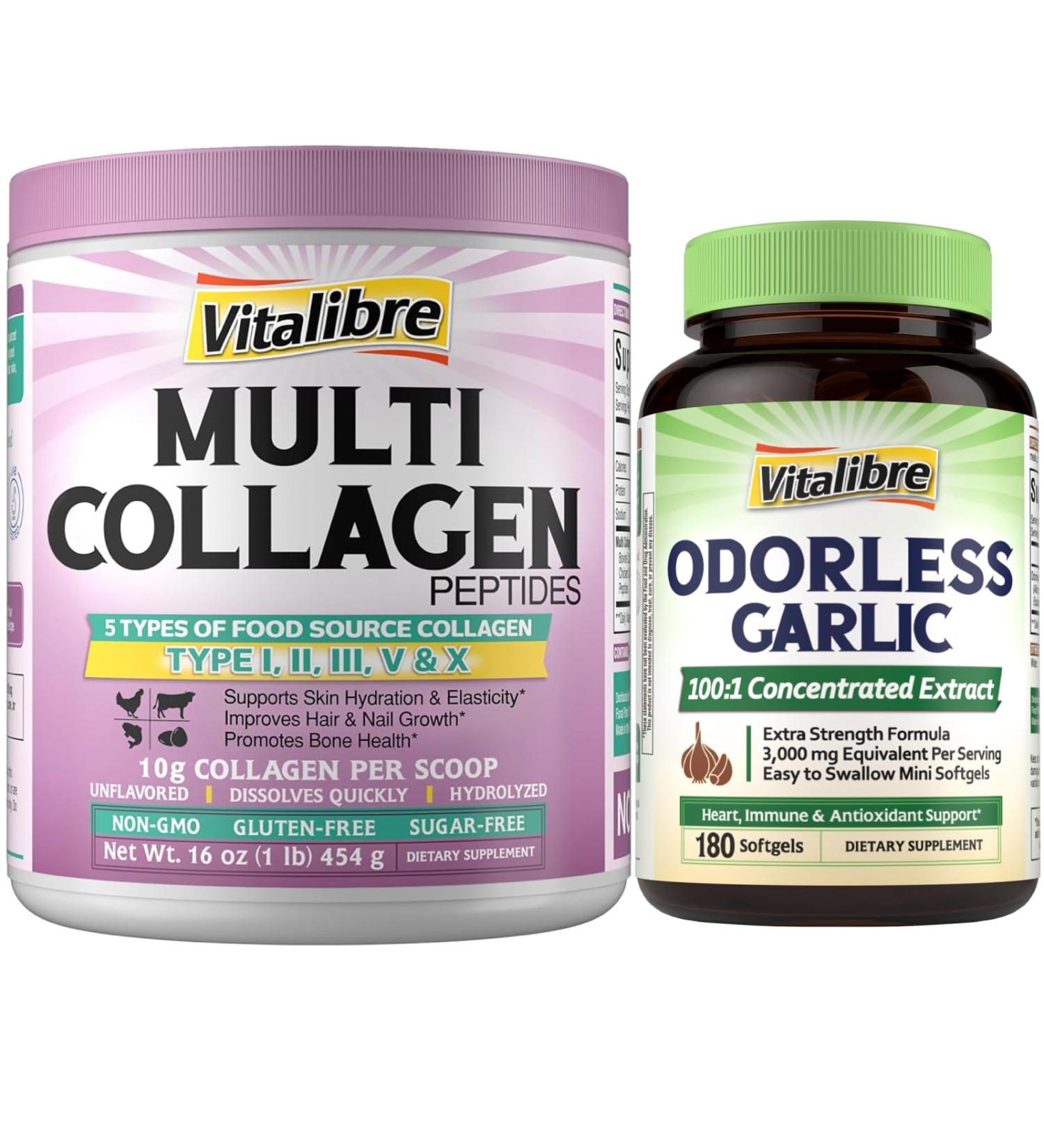 Vitalibre Multi Collagen Peptides Powder Type I II III V X 16oz and Odorless Garlic Extra Strength 100:1 Extract Heart & Immunity Antioxidant Defense 180 Softgels - Buy Online on GoSupps.com