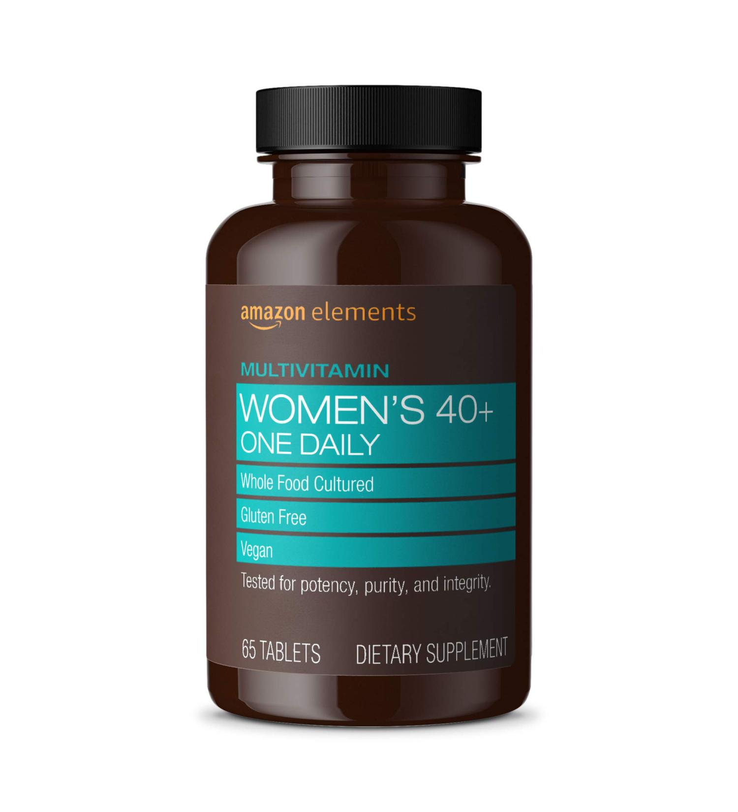 Amazon Elements Women 40+ One Daily Multivitamin 66% Whole Food Cultured Vegan 65 Tablets 2 month supply (Packaging may vary) 65 Count (Pack of 1)
