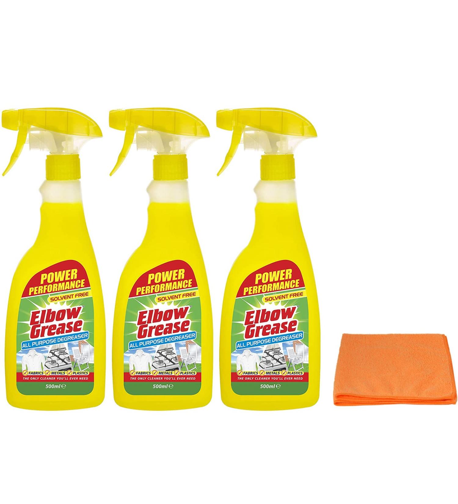 3X Elbow Grease All-Purpose Degreaser Spray Bundle with Microfibre Cloth - 3X 500ml Bottles - Effective Kitchen Cleaner for Fabric and Metal Surfaces - Buy Online on GoSupps.com