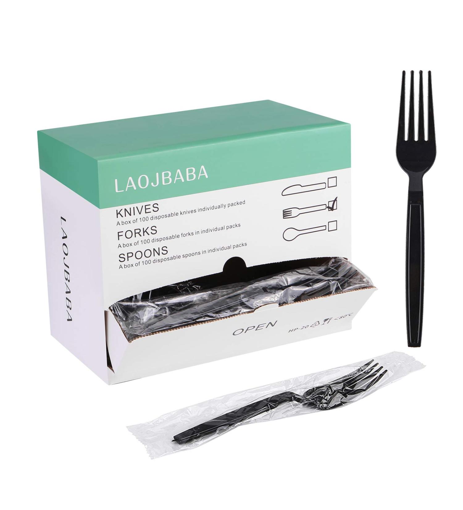 Laojbaba 7-Inch Individually Packaged Black Plastic Forks - 100 PCS | Disposable & Heavy Duty Commercial Takeaway Cutlery - Buy Online on GoSupps.com