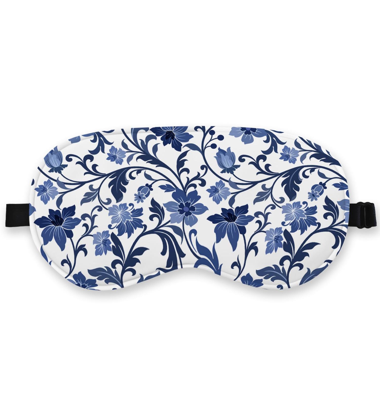 Blue & White Porcelain Silk Eye Mask | Adjustable Travel Blindfold for Women & Girls | Chinoiserie Sleep Mask with Flowers | International Shipping Available - Buy Online on GoSupps.com