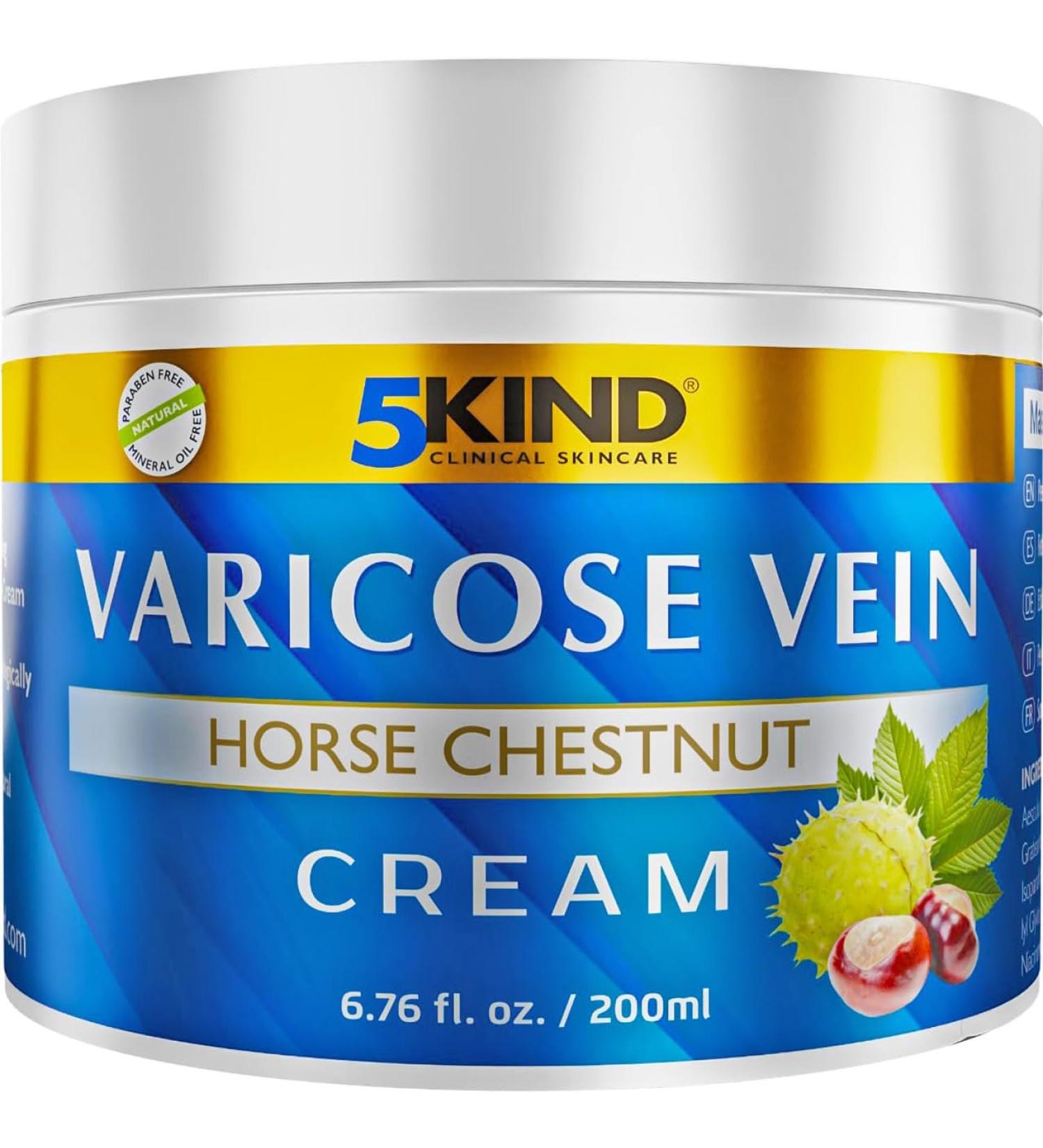 5Kind Professional Varicose Veins Cream (200ml) - Natural Treatment for Legs with Horse Chestnut - Spider Vein Cream with 7 Active Ingredients - Buy Online on GoSupps.com