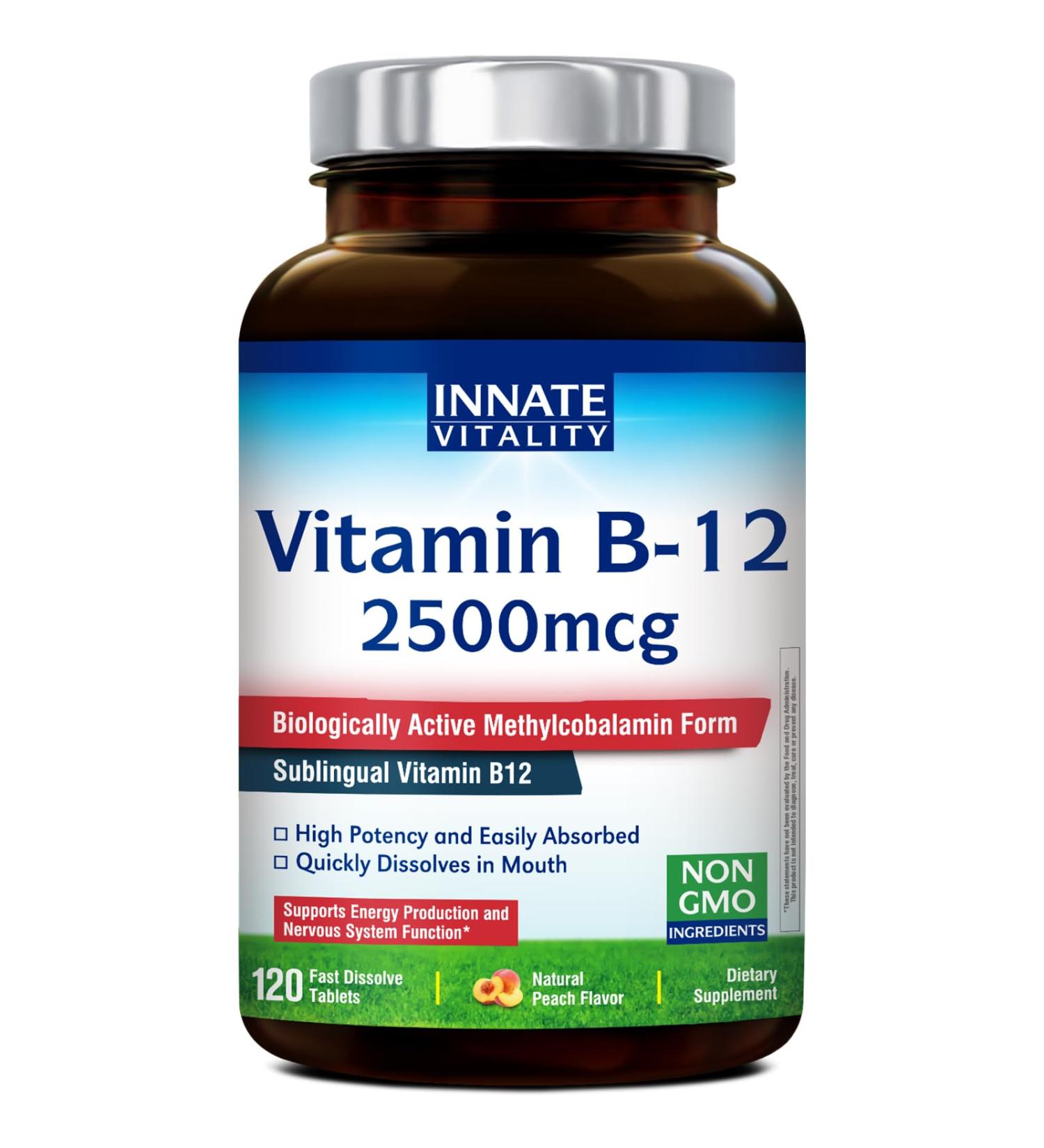 Innate Vitality Vitamin B12 2500mcg Sublingual Methylcobalamin Extra Strength for Energy Metabolism Mental Clarity Nervous System Health Peach Flavor Zero Sugar 120 Fast Dissolve Tablets 120 Count (Pack of 1) - Buy Online on GoSupps.com
