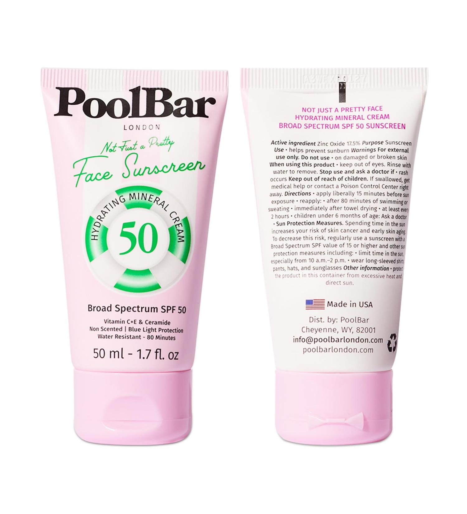 PoolBar Mineral Face Sunscreen Cream for Women and Men Sun Care SPF 50 Hydrating Mineral Vitamin C E and Ceramide Non Scented Water Resistant Sunscreen Blue Light Protection - 50ml - Buy Online on GoSupps.com