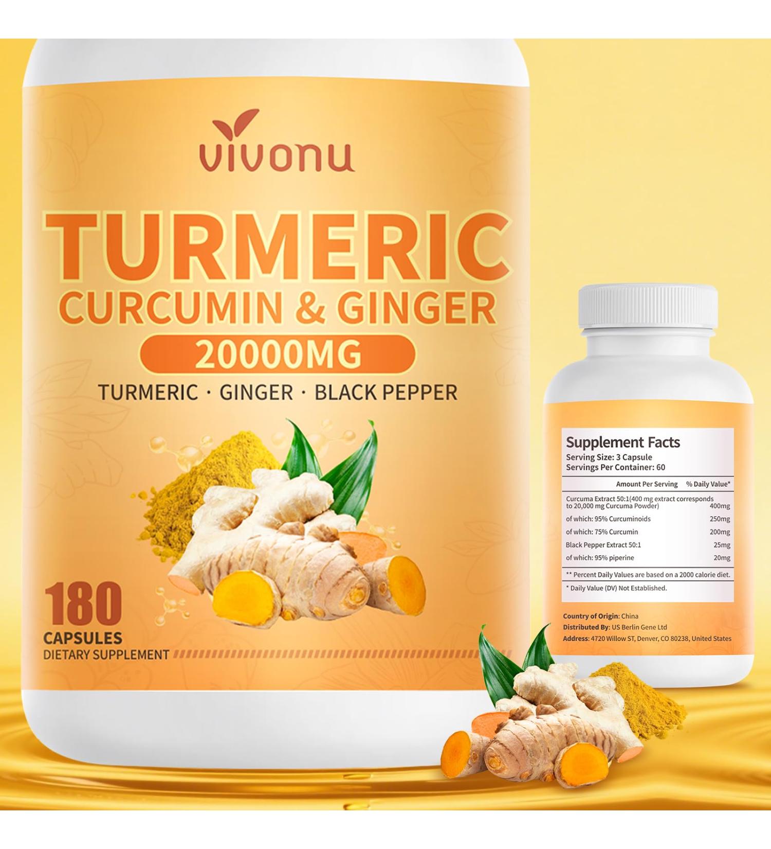 20000mg Turmeric Curcumin Supplement with Black Pepper 95% Curcuminoids 180 Capsules Turmeric and Ginger Supplement Herbal Supplement for Antioxidant Anti-inflammatory* Immunity Comfort Joint* - Buy Online on GoSupps.com